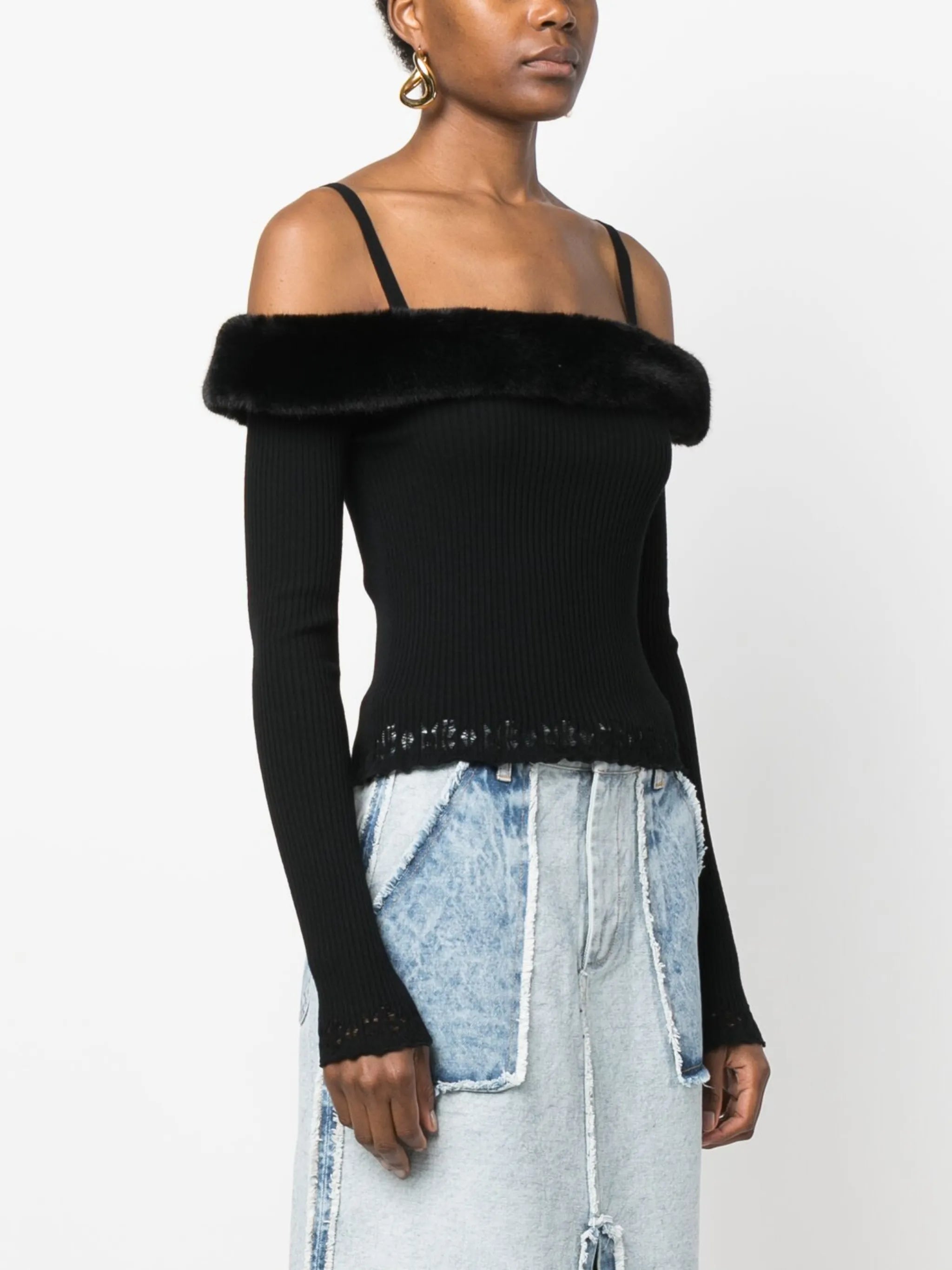 faux-fur trim off-shoulder jumper