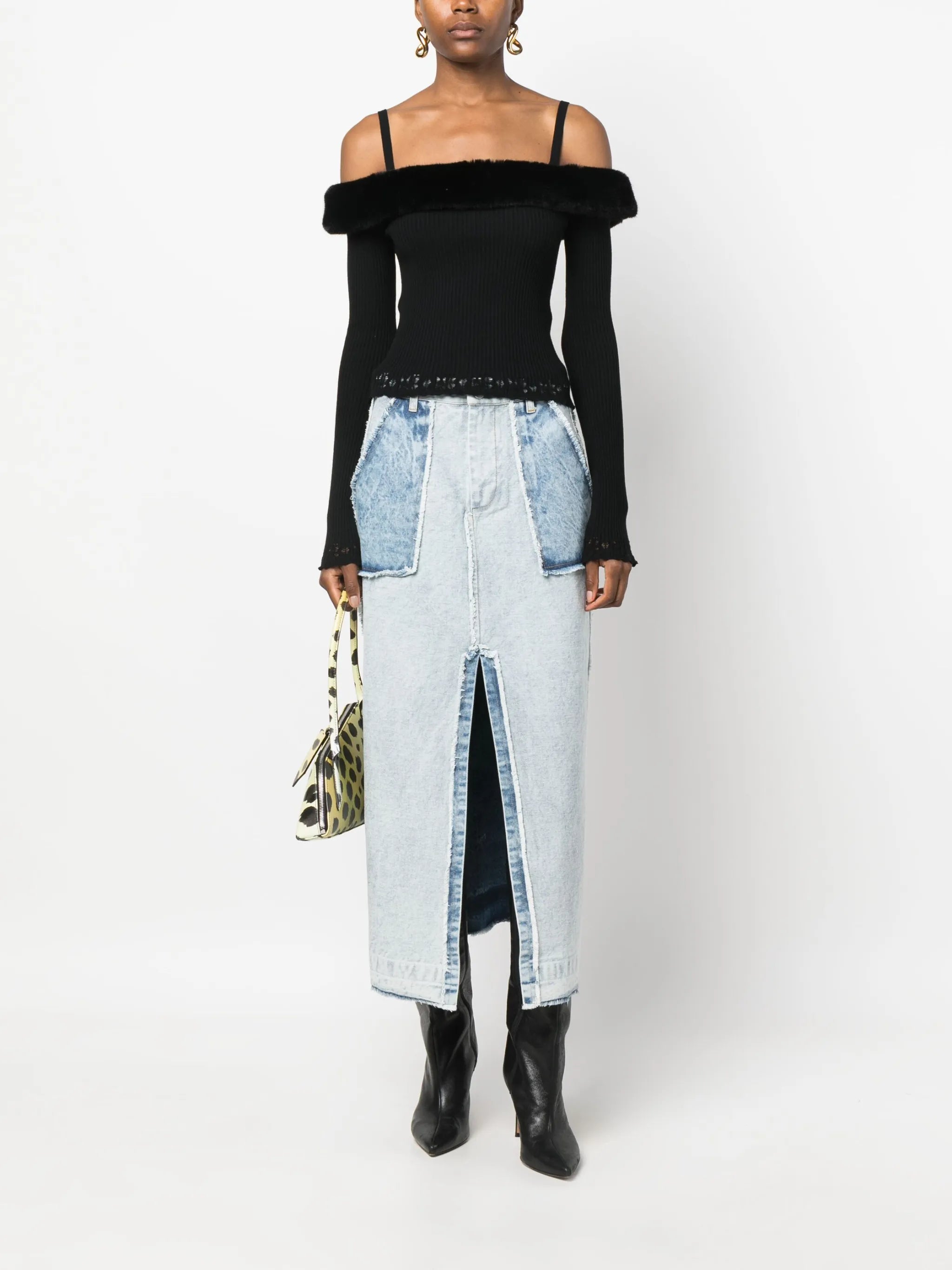 faux-fur trim off-shoulder jumper