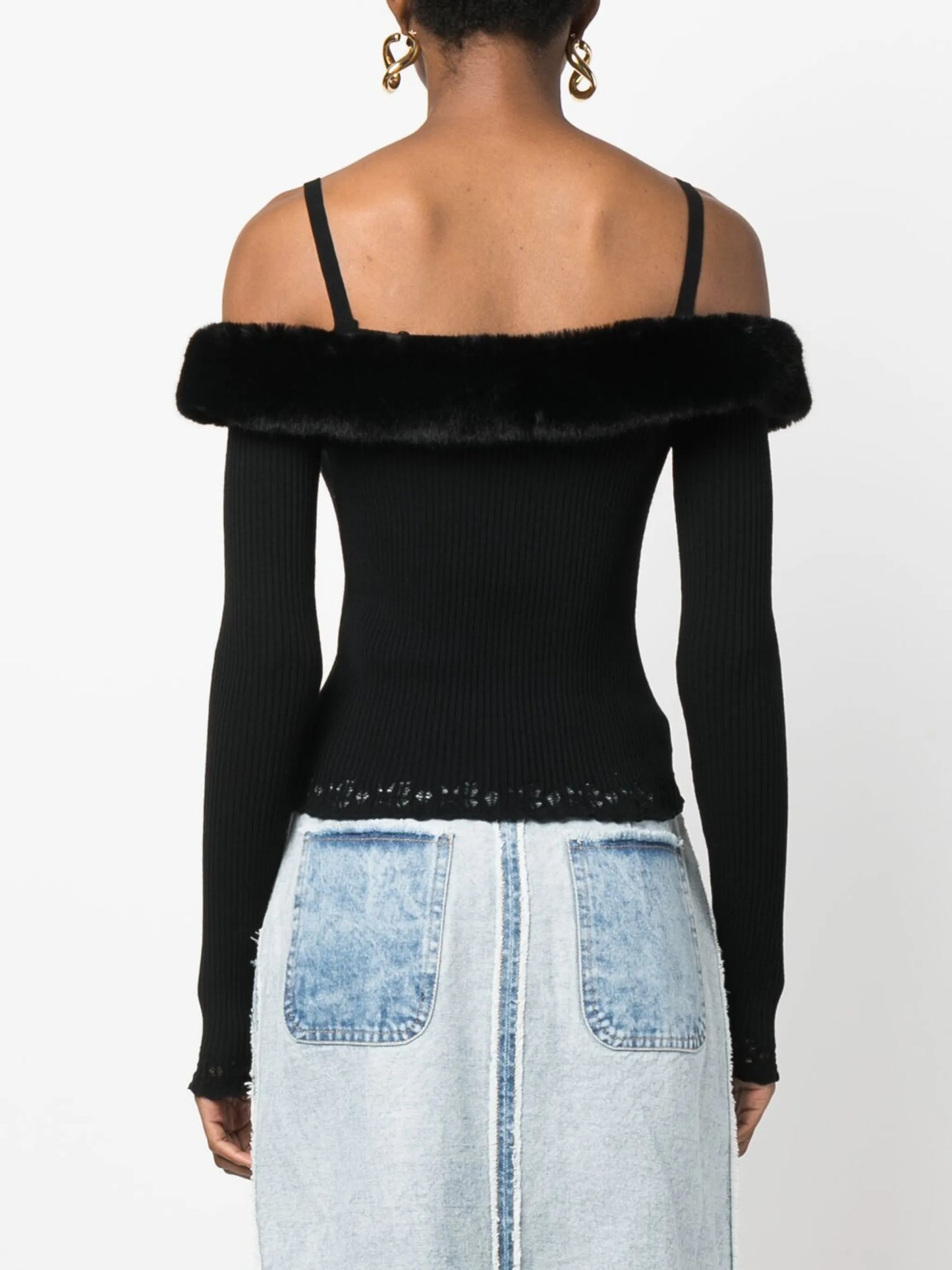 faux-fur trim off-shoulder jumper