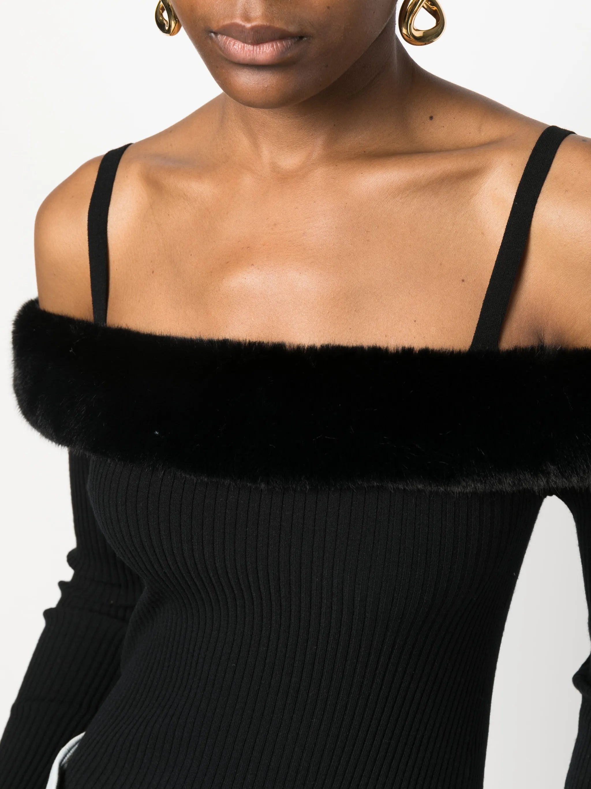 faux-fur trim off-shoulder jumper