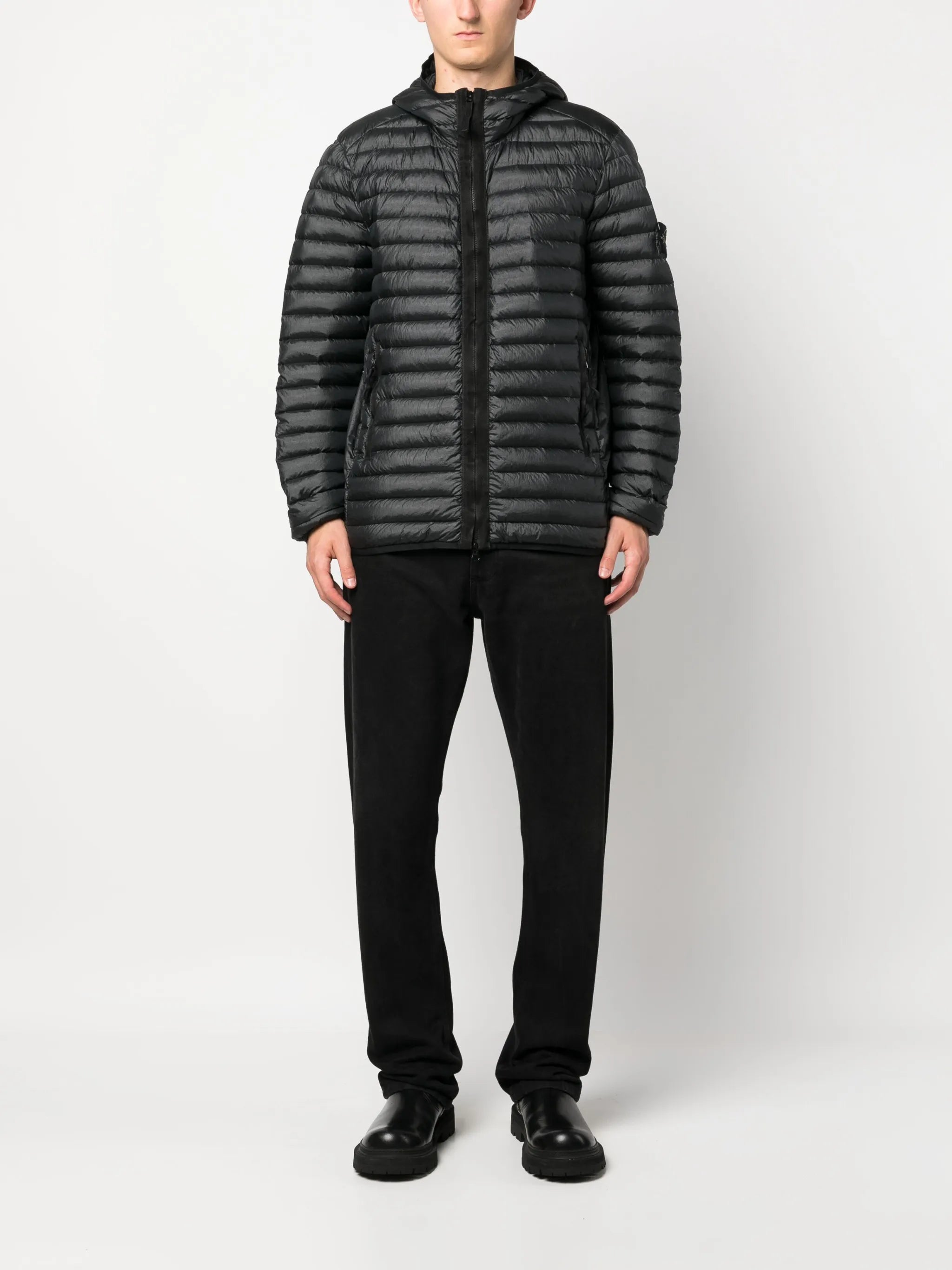 Compass-patch hooded padded jacket