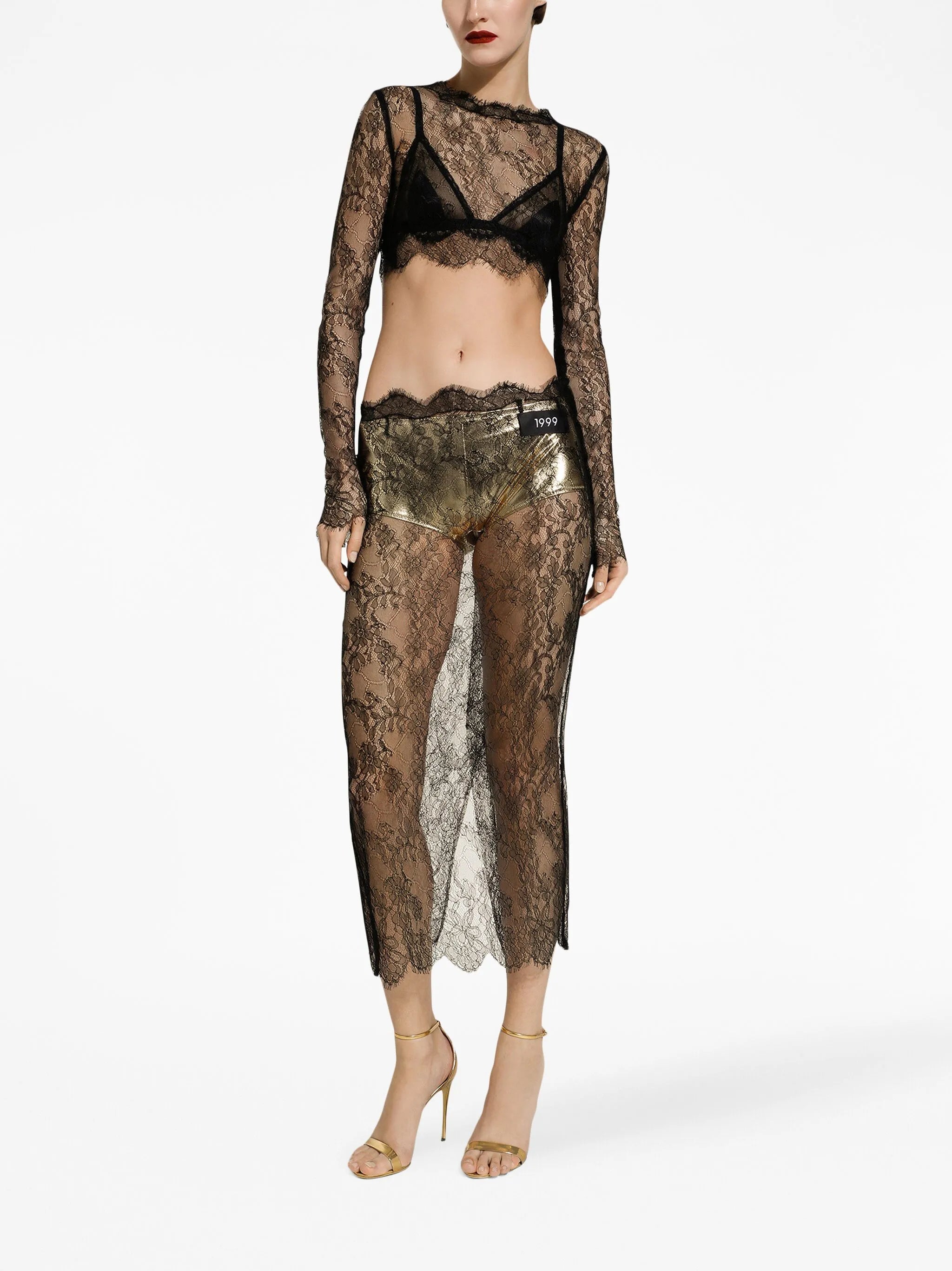 semi-sheer lace midi skirt