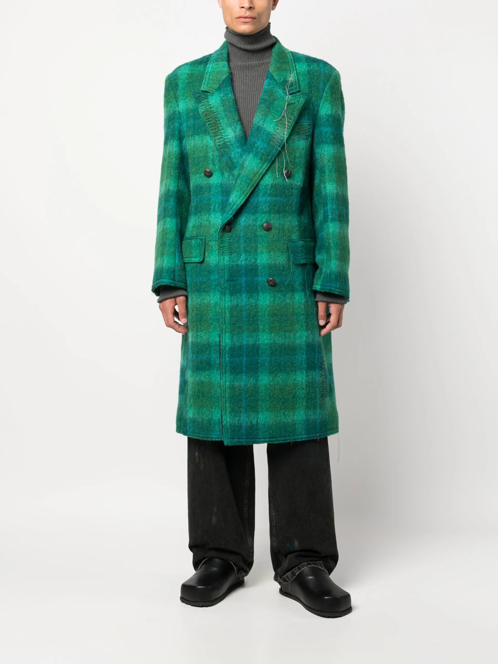 checked double-breasted wool coat