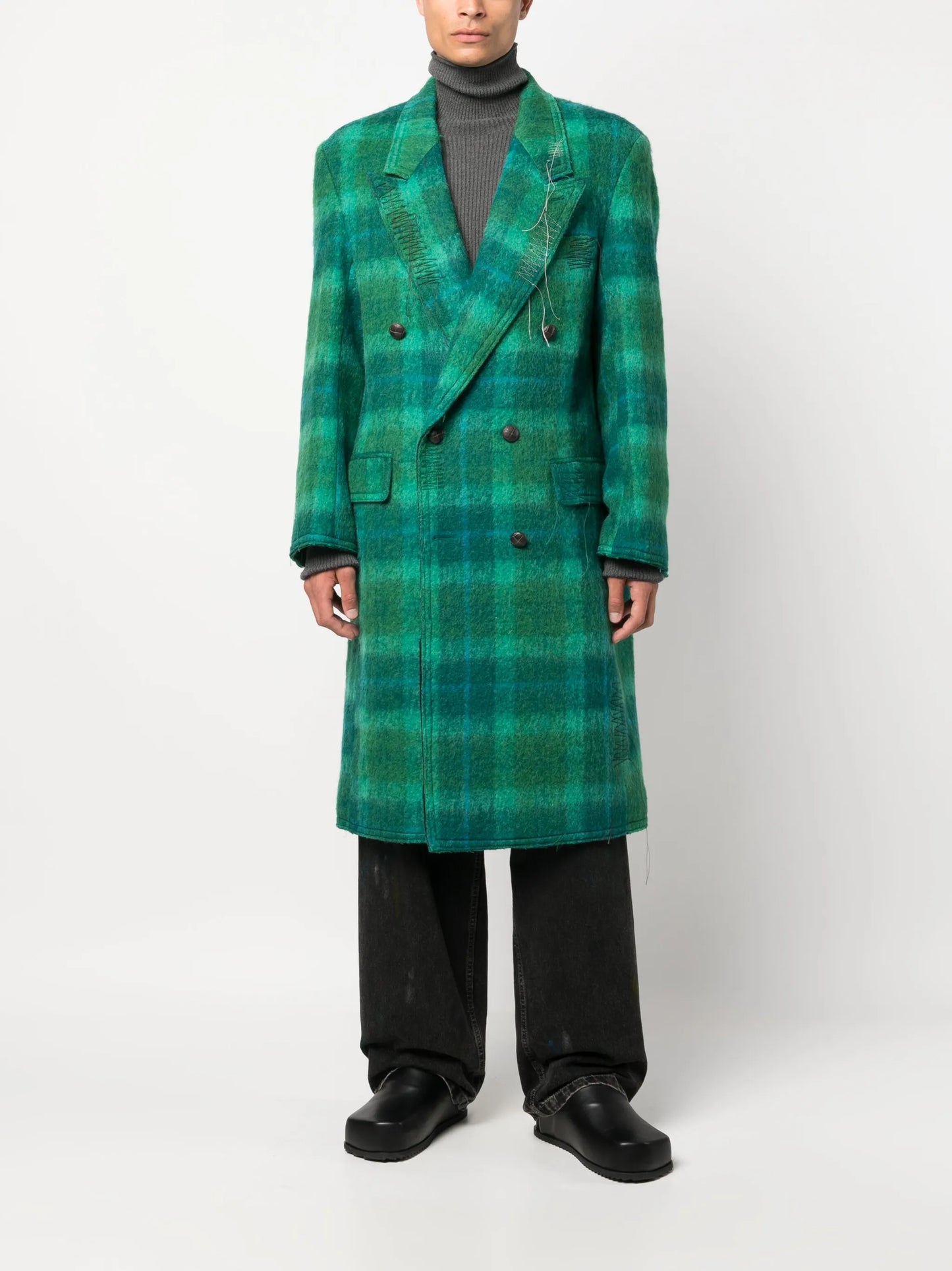 checked double-breasted wool coat