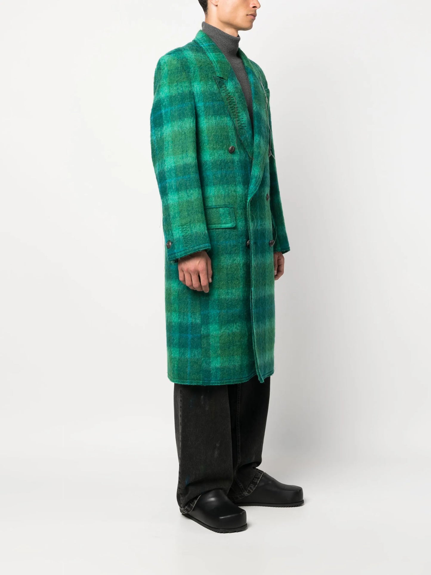 checked double-breasted wool coat