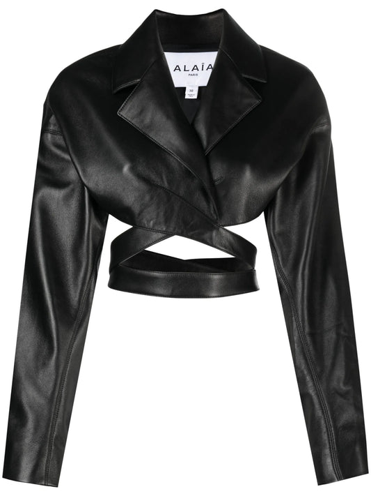 crossover-strap cropped leather jacket
