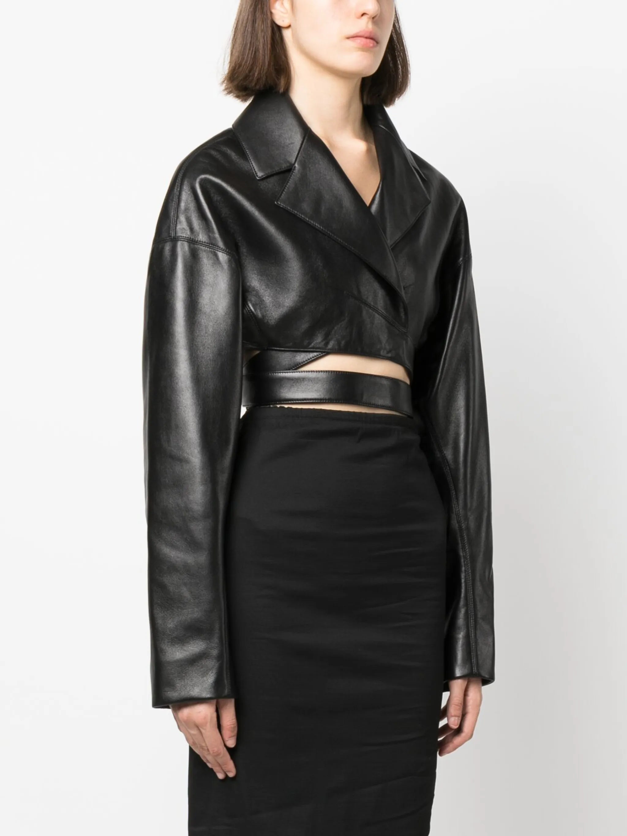 crossover-strap cropped leather jacket