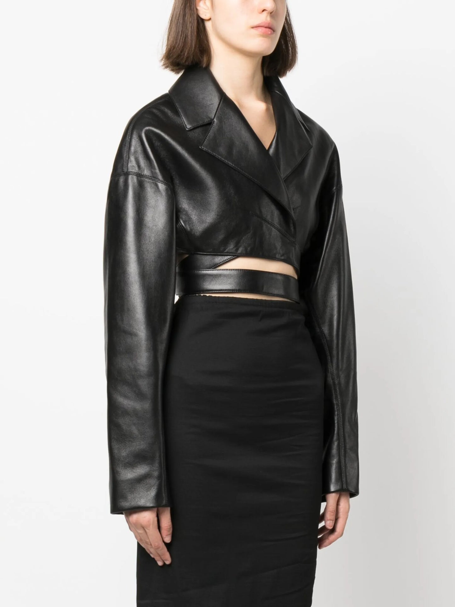 crossover-strap cropped leather jacket