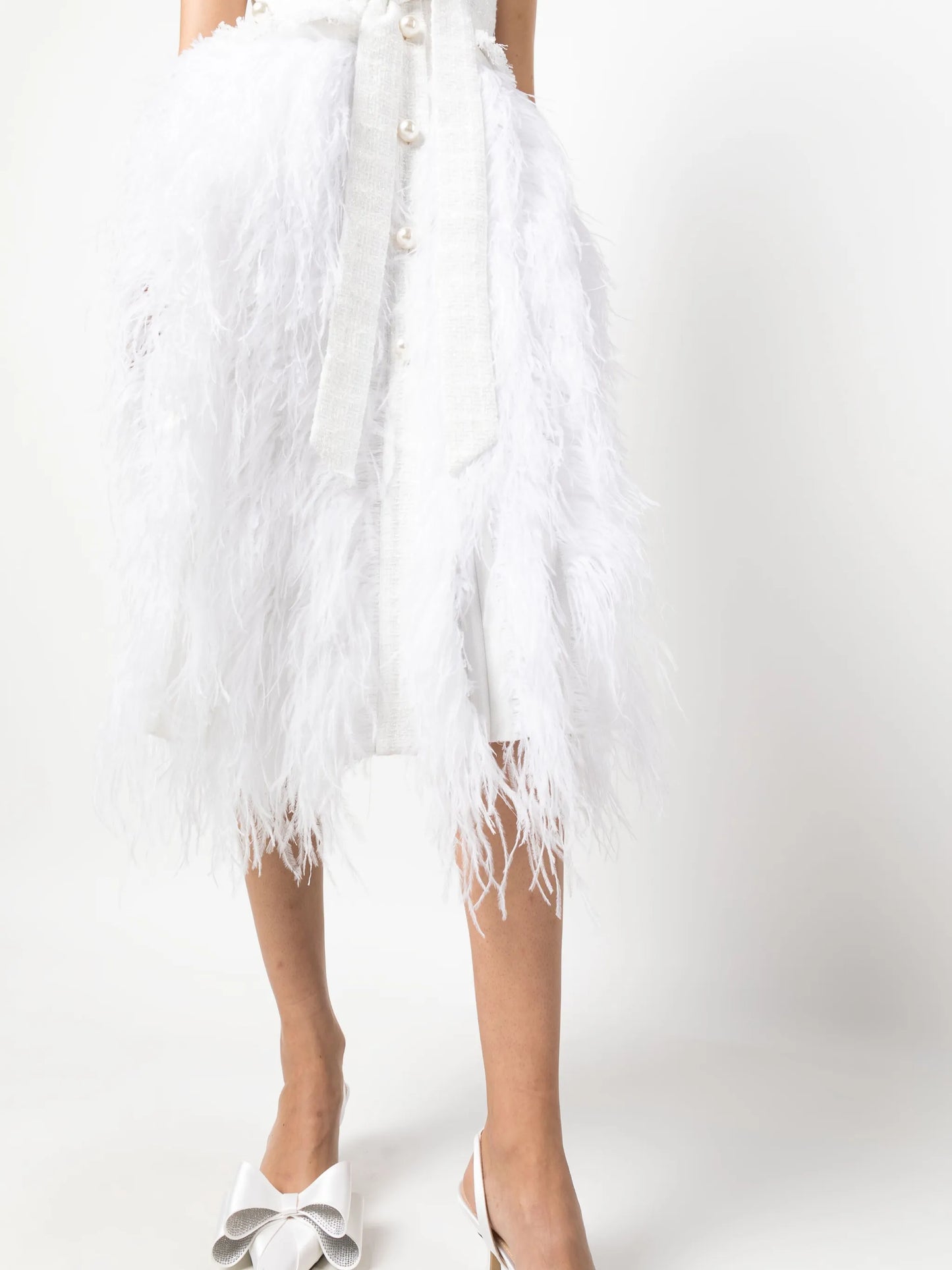 feather-trim tweed dress
