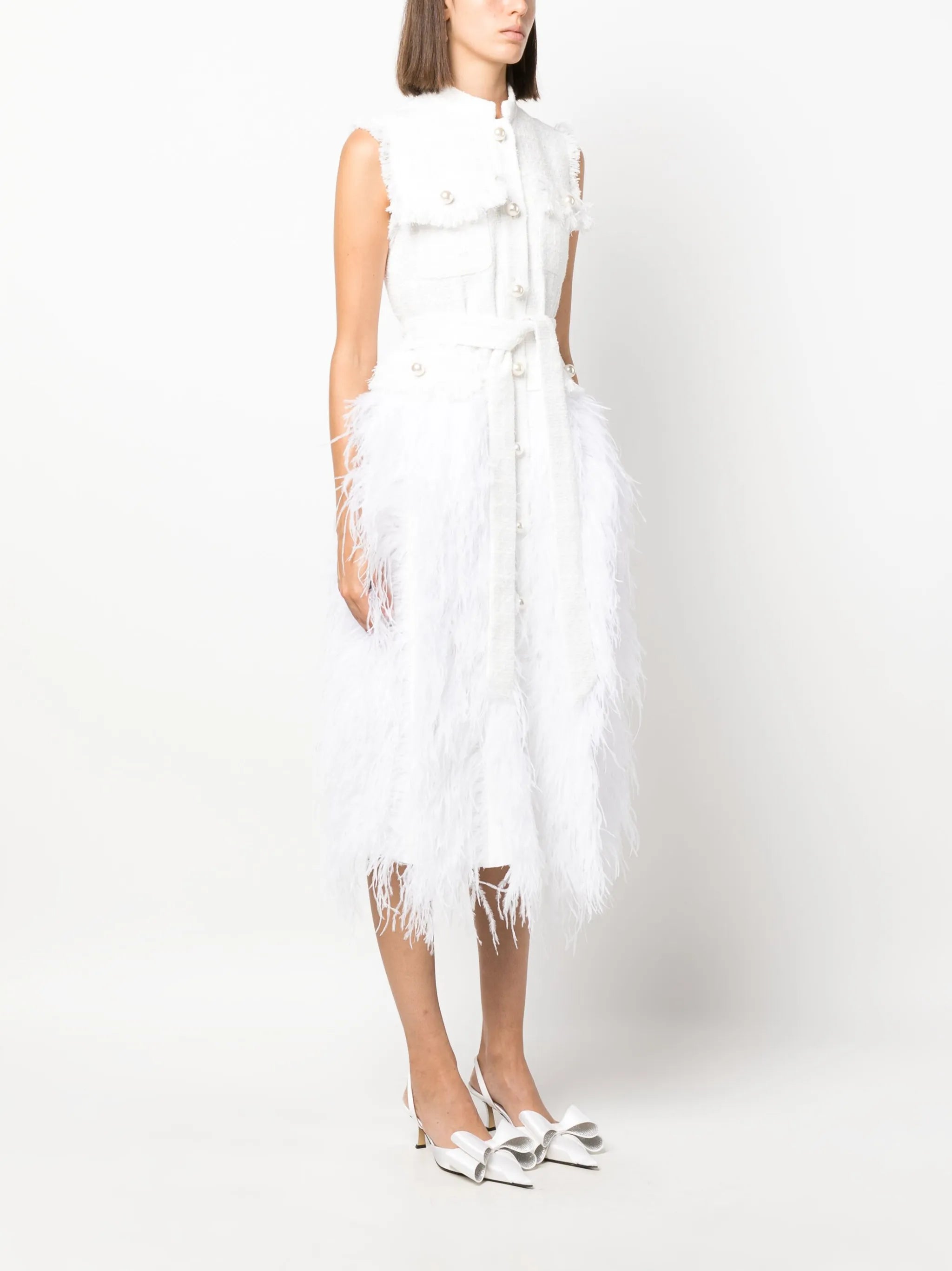 feather-trim tweed dress