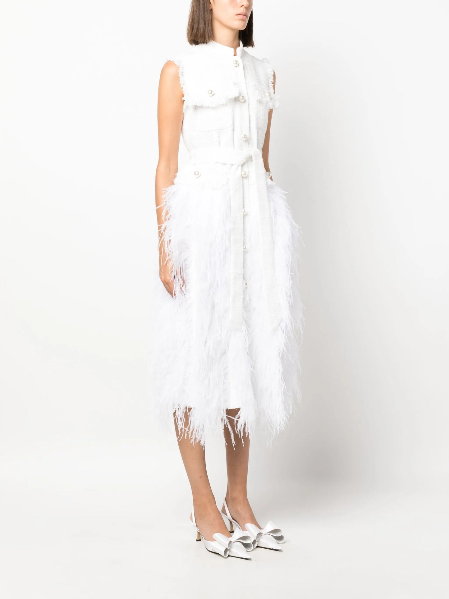 feather-trim tweed dress
