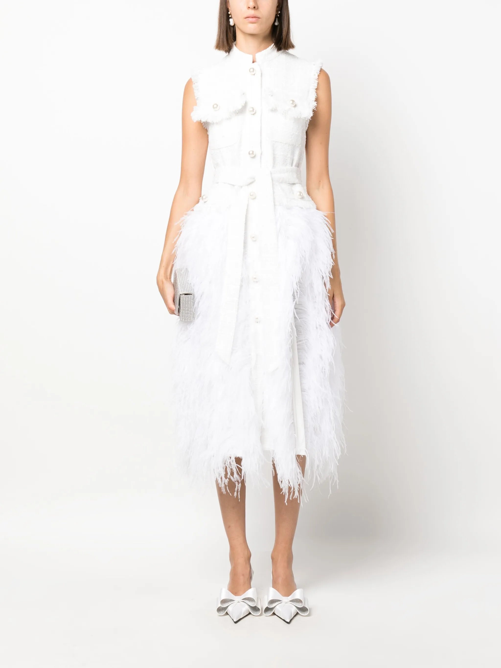 feather-trim tweed dress