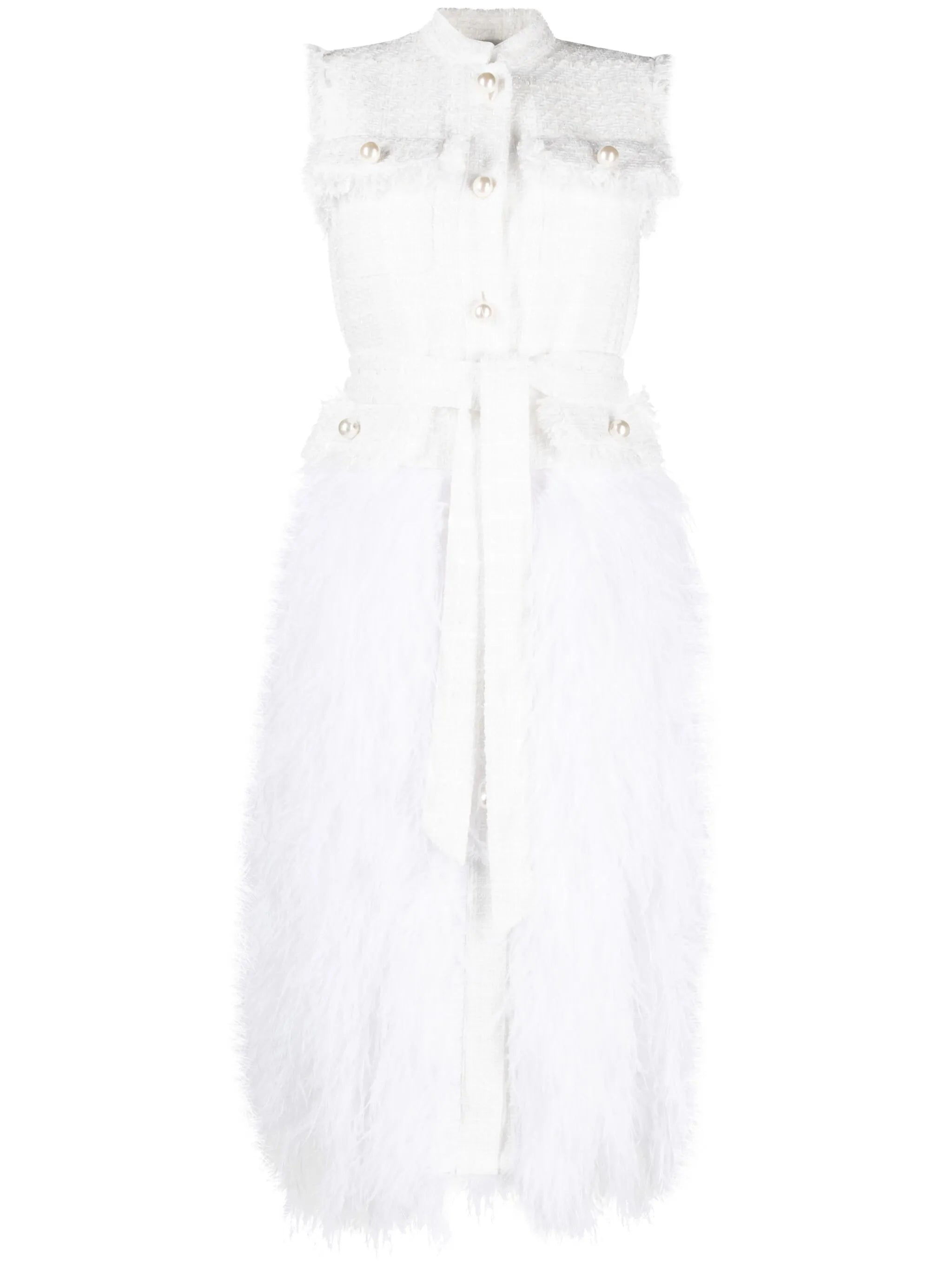 feather-trim tweed dress