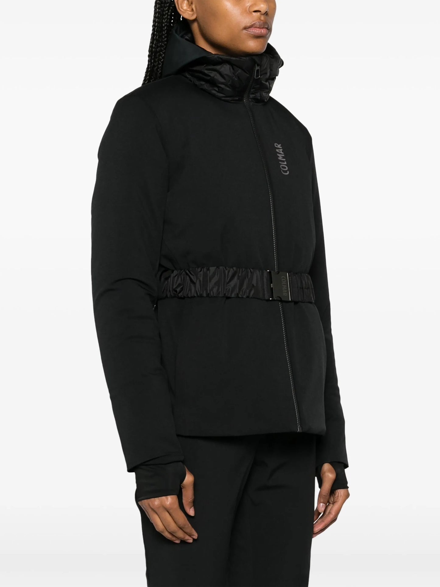 belted hooded ski jacket