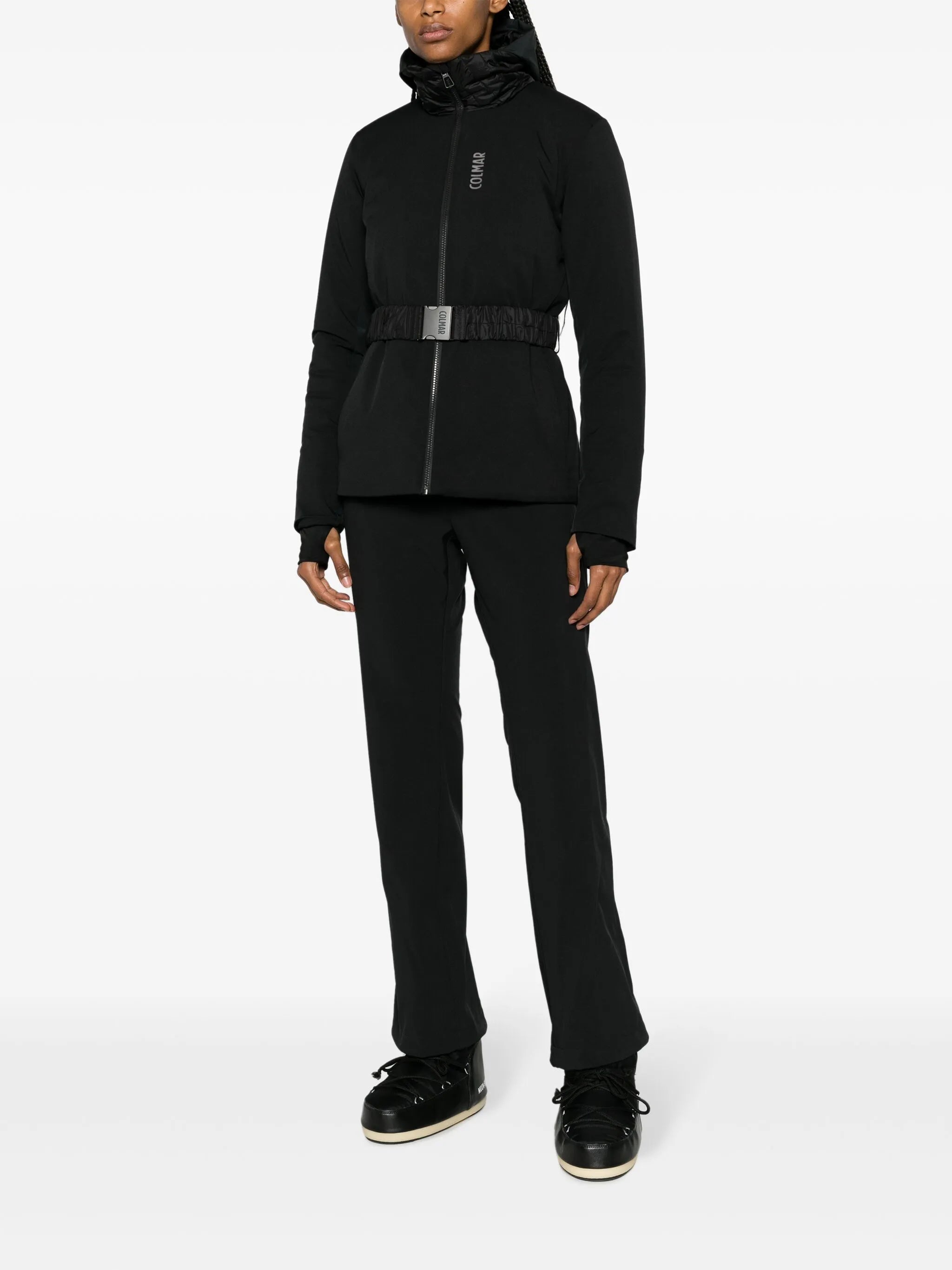 belted hooded ski jacket