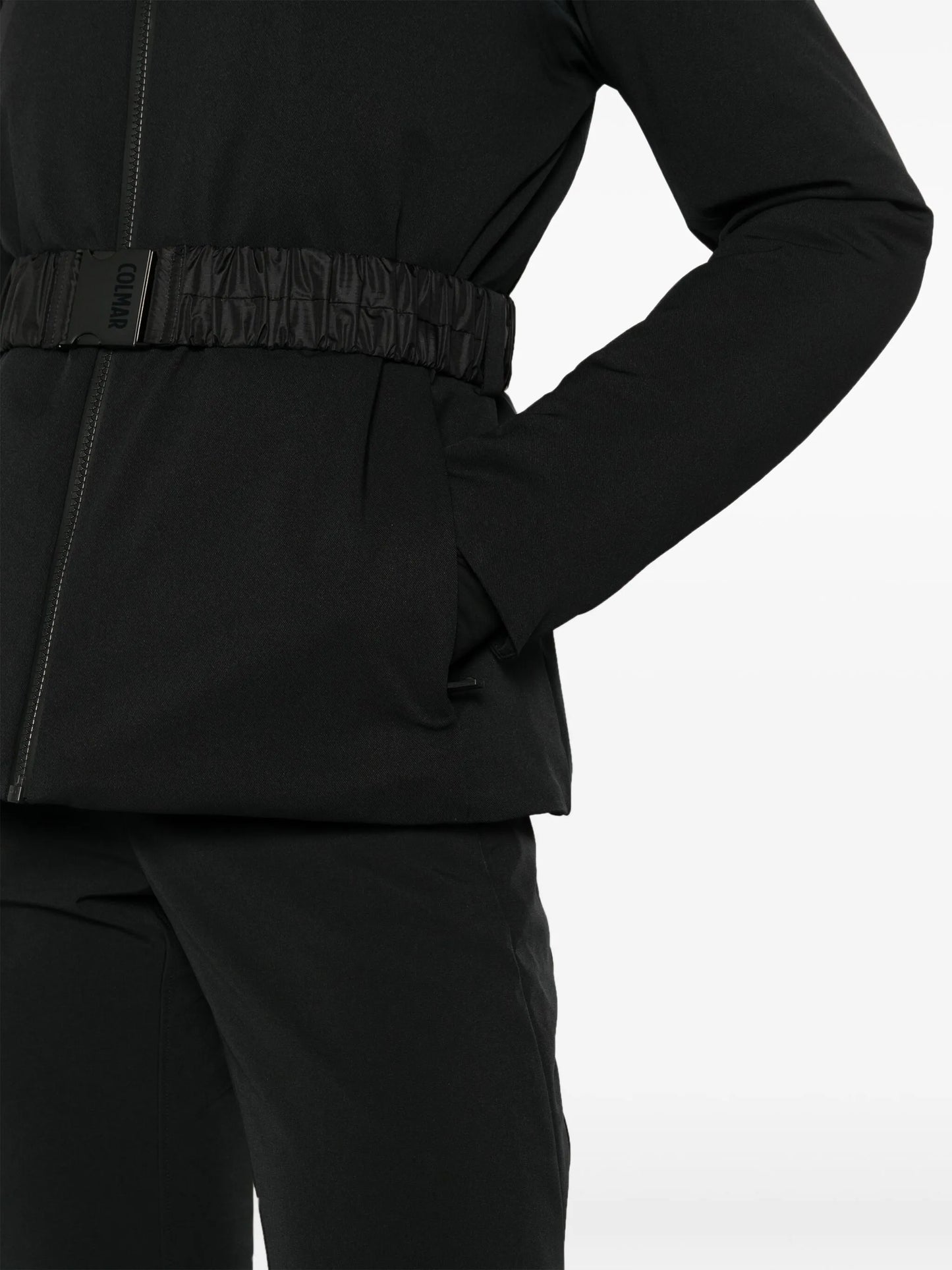belted hooded ski jacket