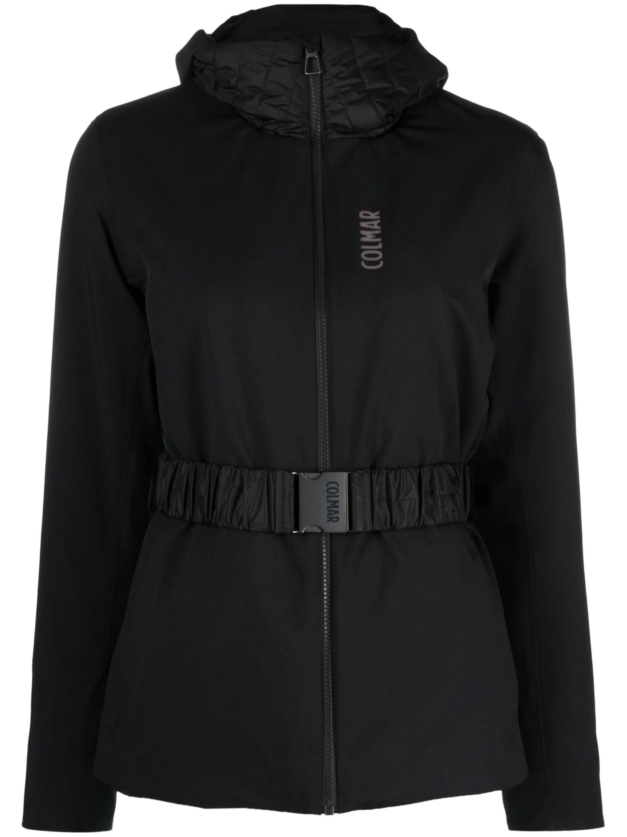 belted hooded ski jacket