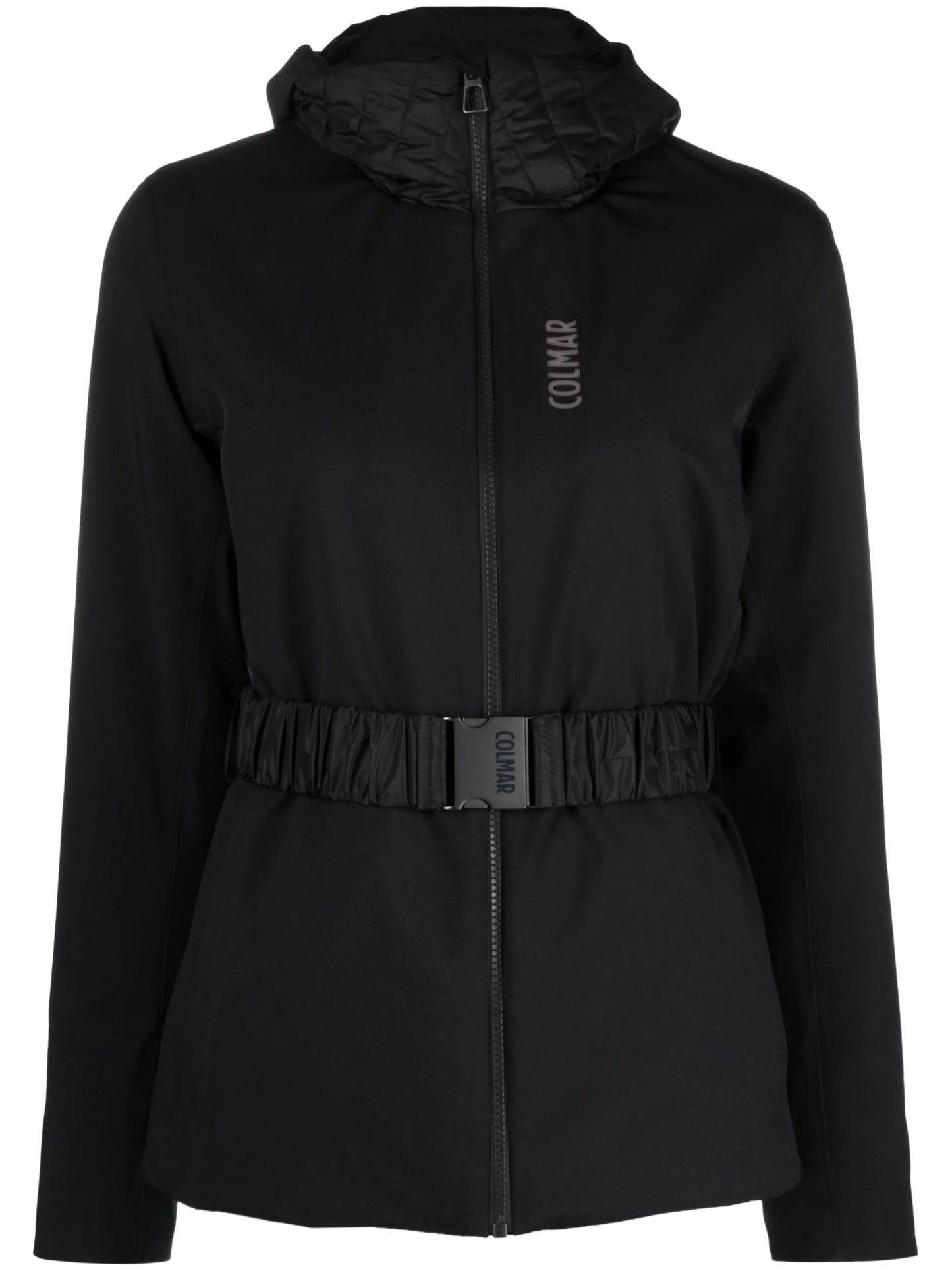 belted hooded ski jacket