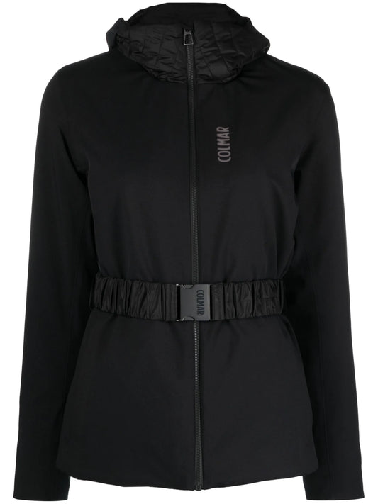 belted hooded ski jacket