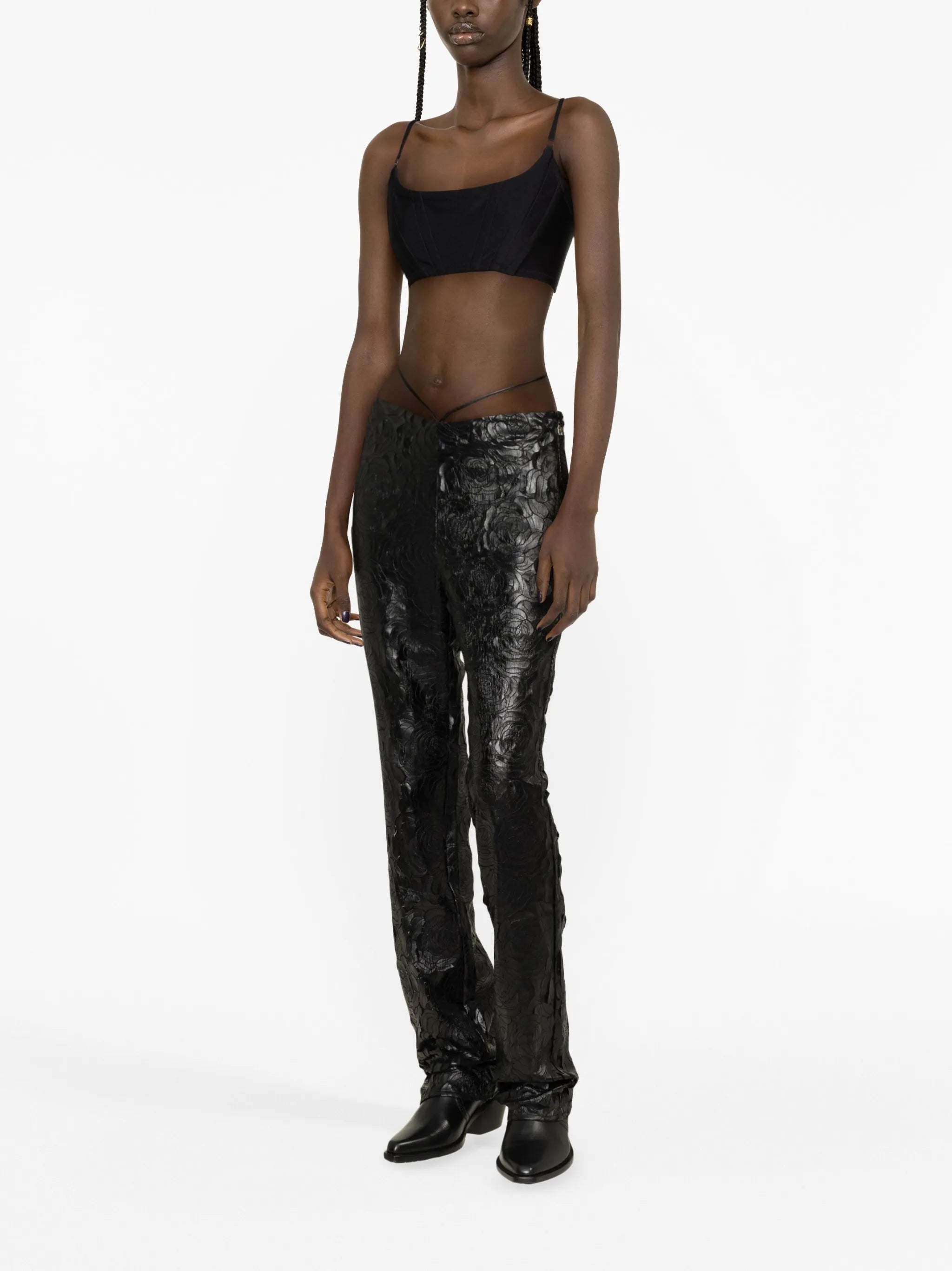 floral-appliqué straight-leg trousers
