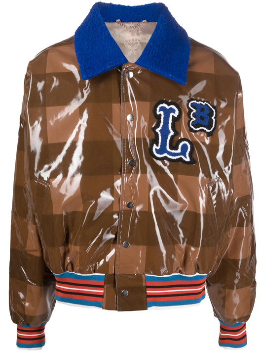 checked varsity bomber jacket