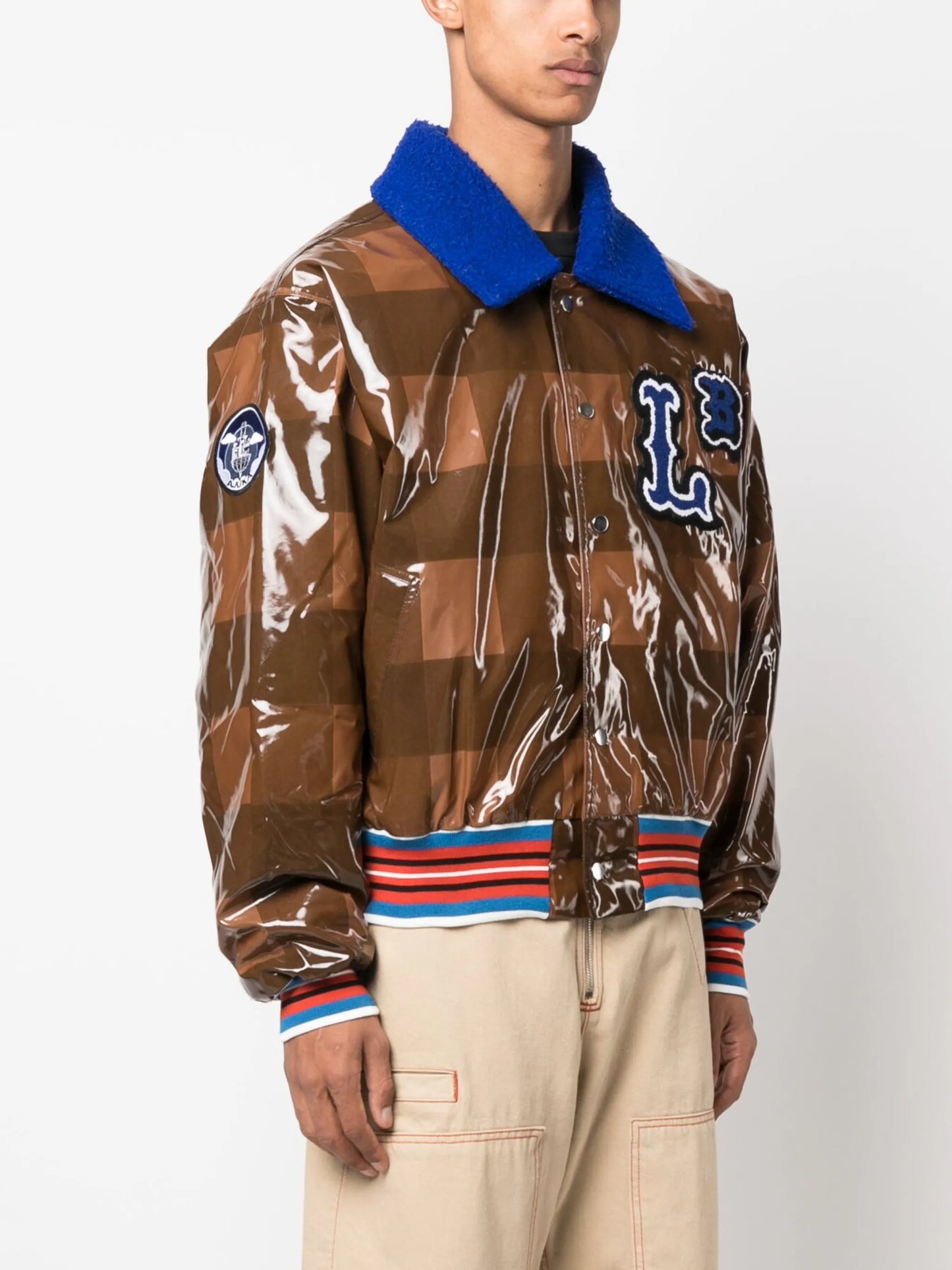checked varsity bomber jacket
