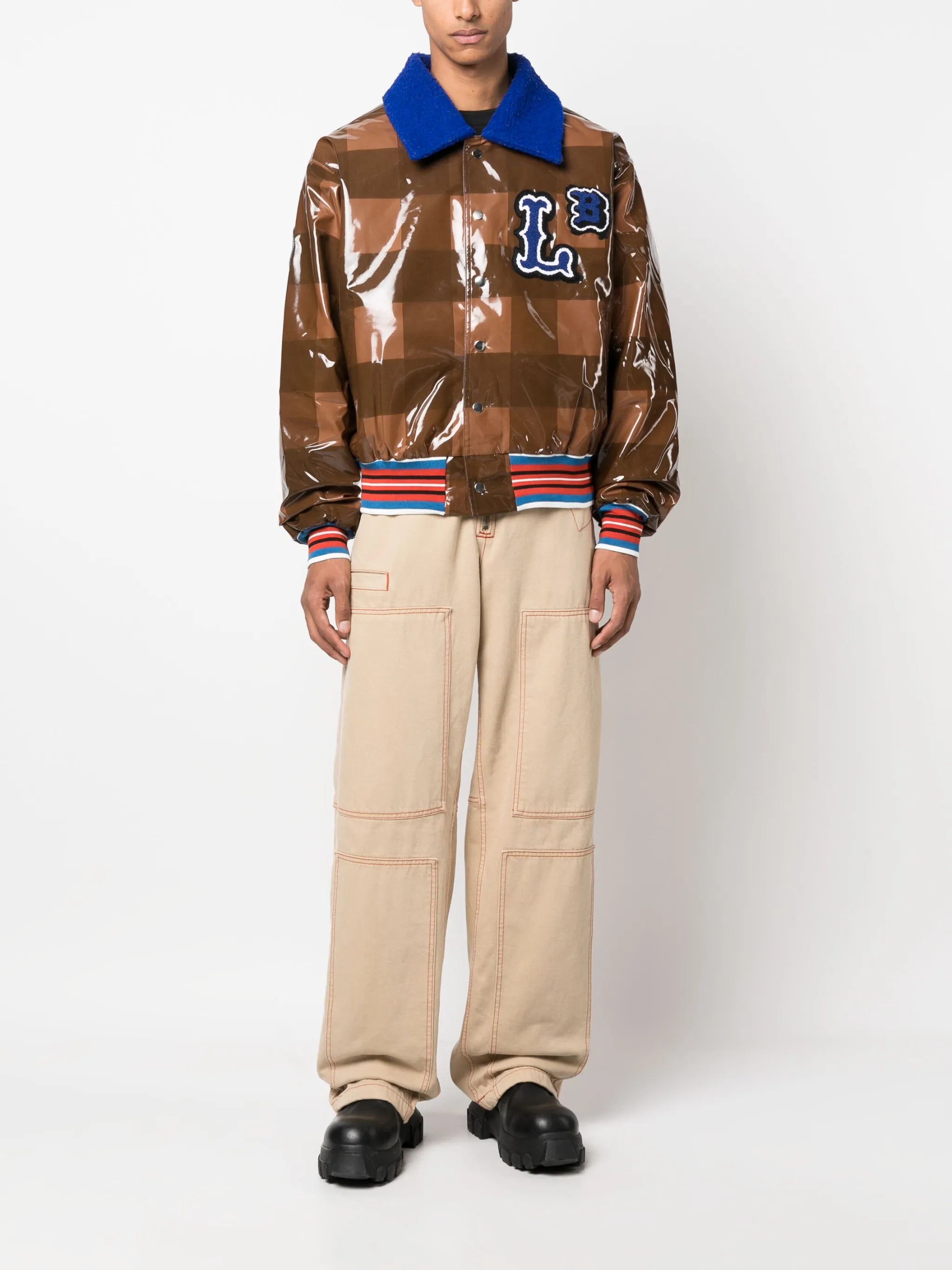 checked varsity bomber jacket