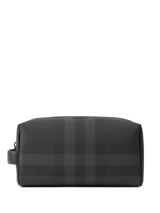 checked leather travel pouch