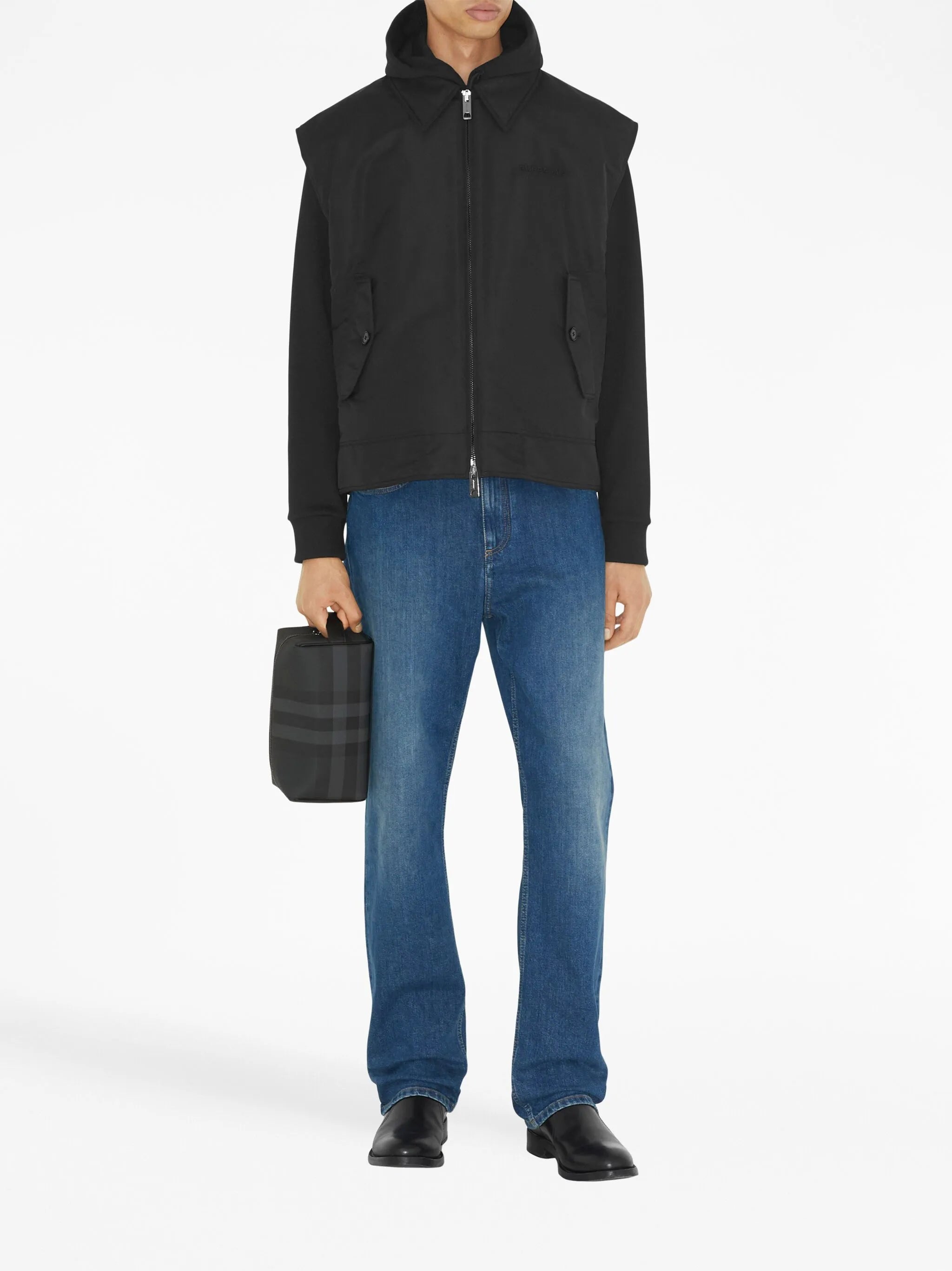 checked leather travel pouch