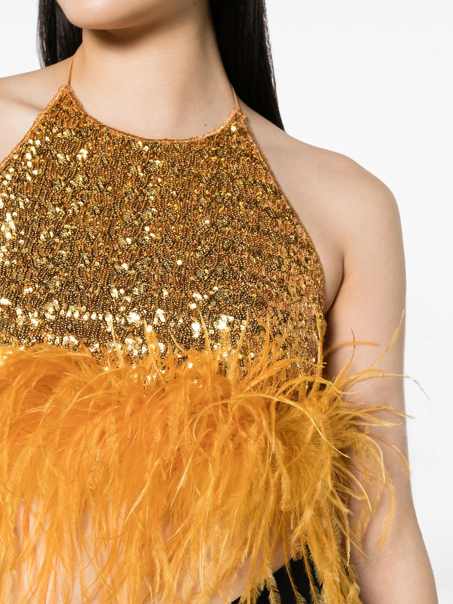 Paillettes Plumage feather-trim crop top