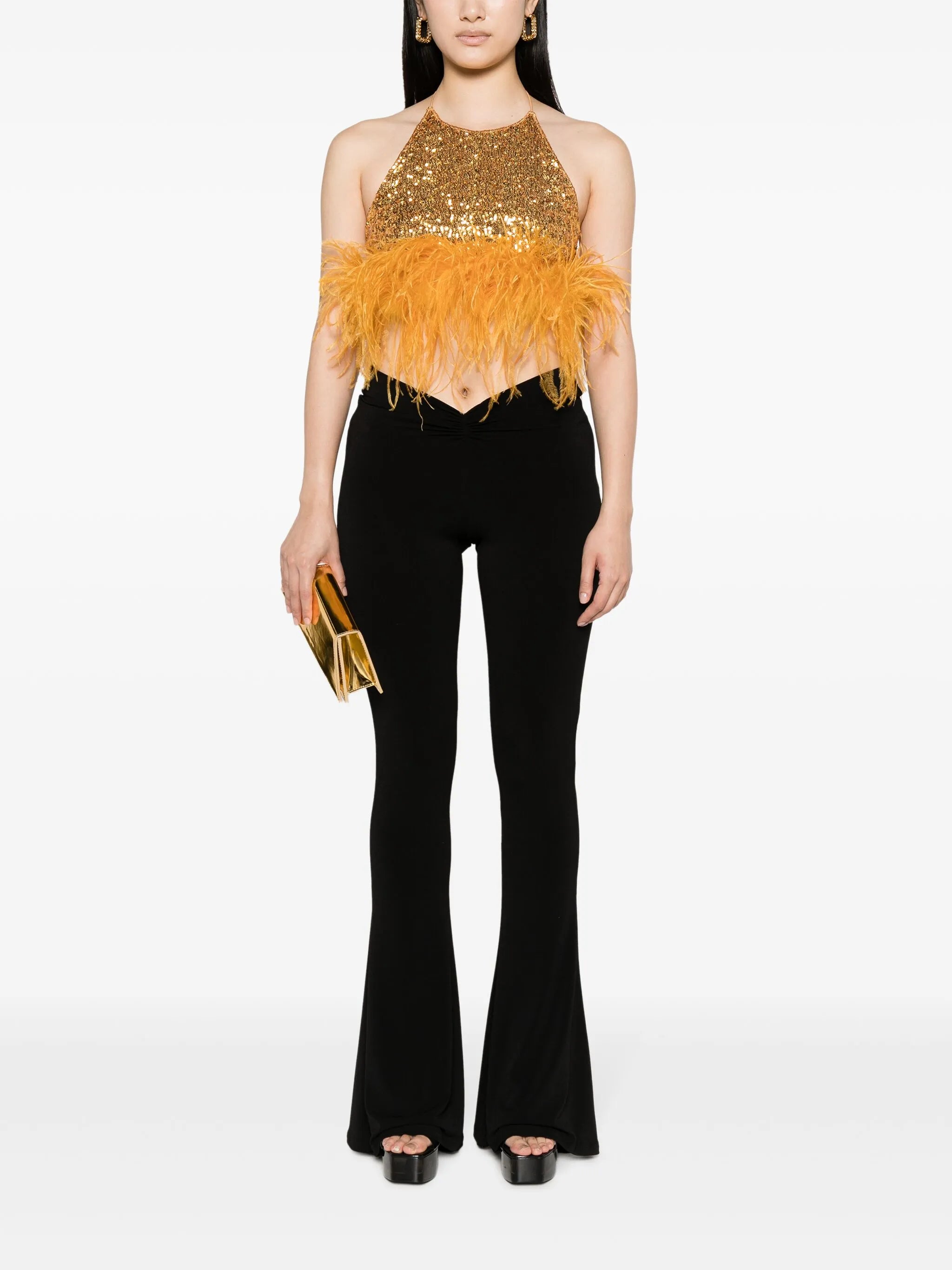 Paillettes Plumage feather-trim crop top
