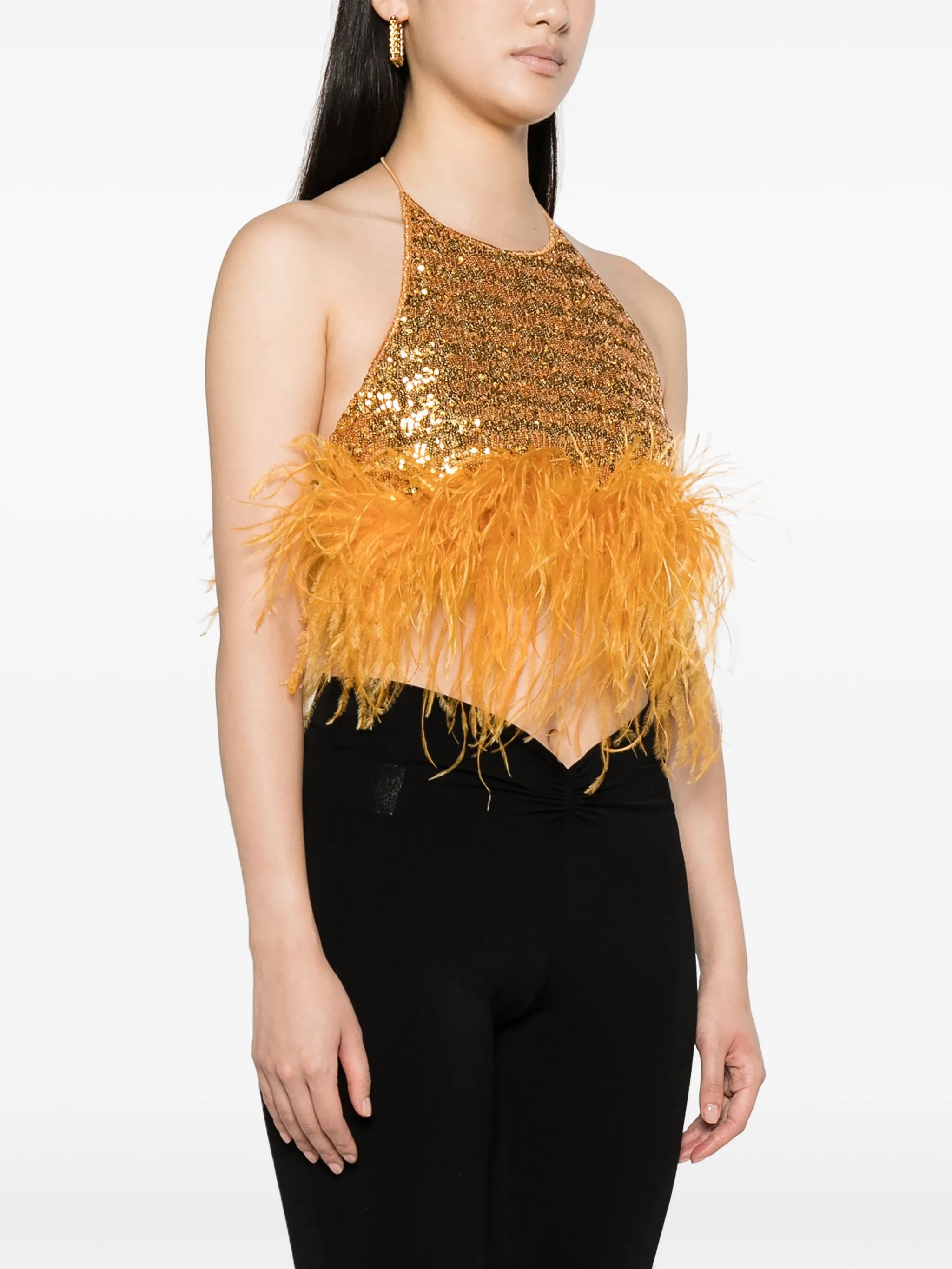 Paillettes Plumage feather-trim crop top