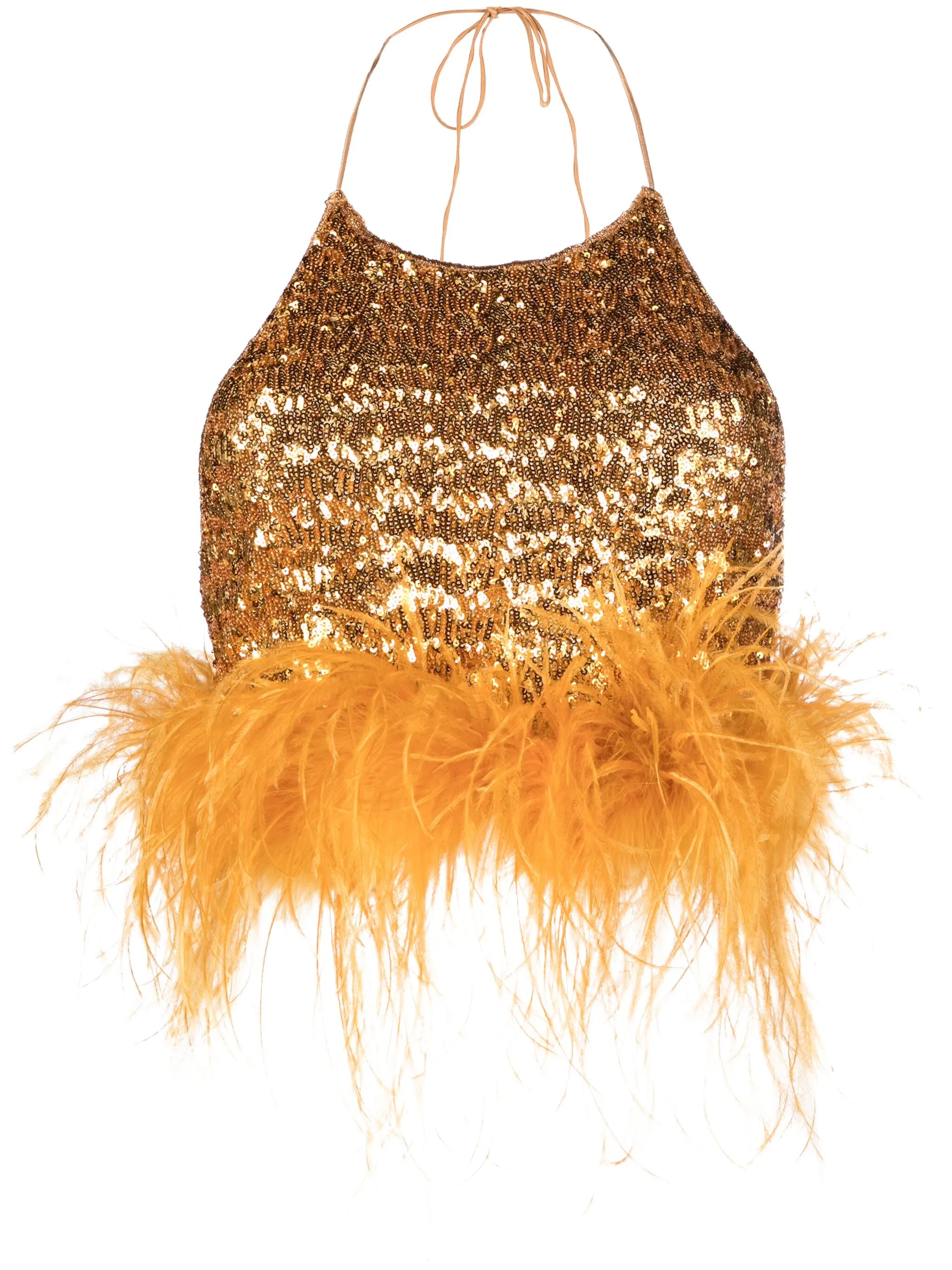 Paillettes Plumage feather-trim crop top
