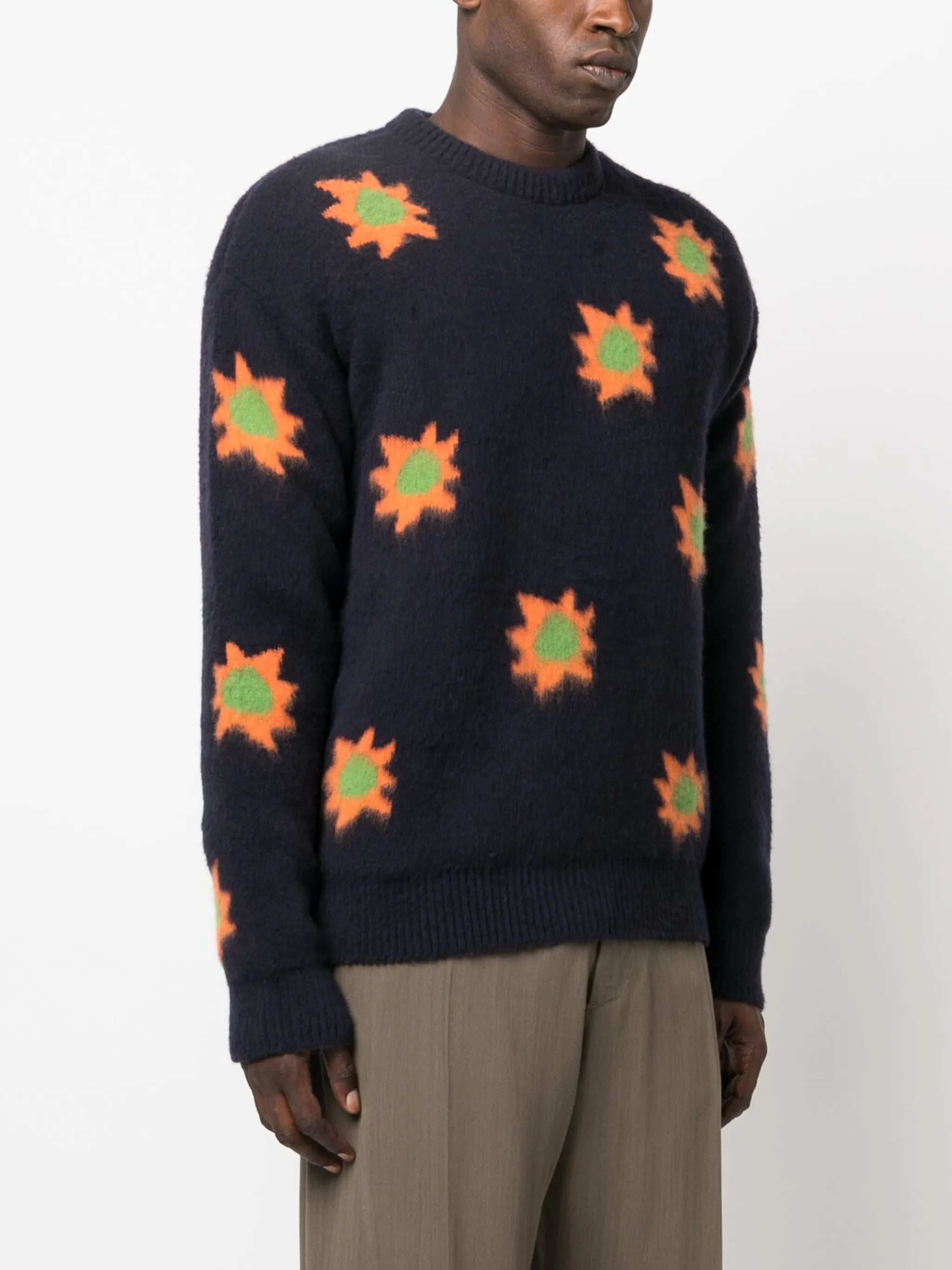 patterned intarsia-knit brushed-effect jumper