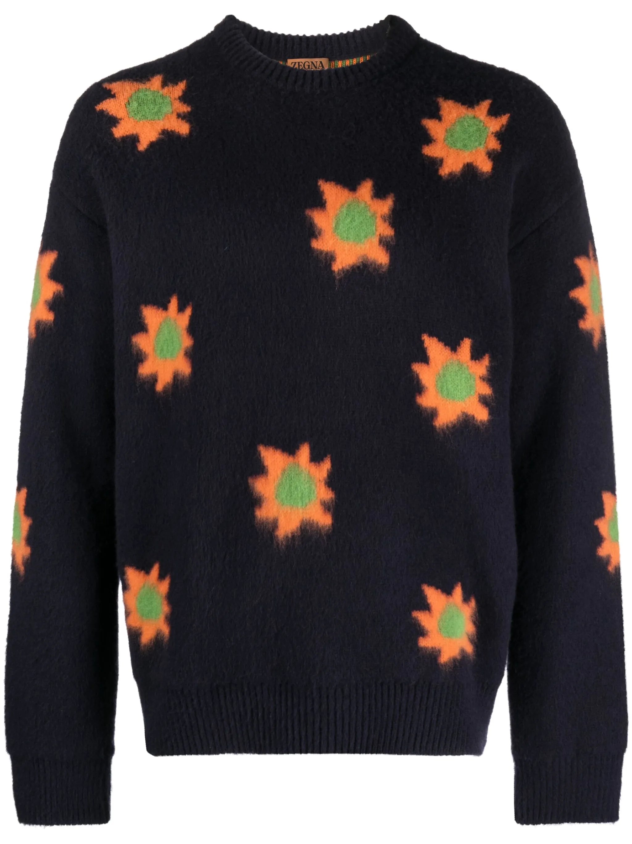 patterned intarsia-knit brushed-effect jumper
