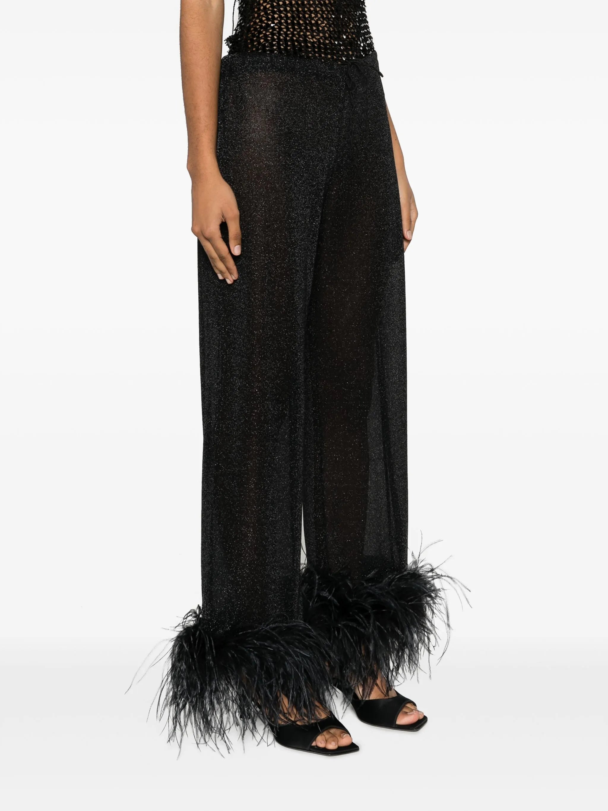 Plumage feather-trim lurex trousers