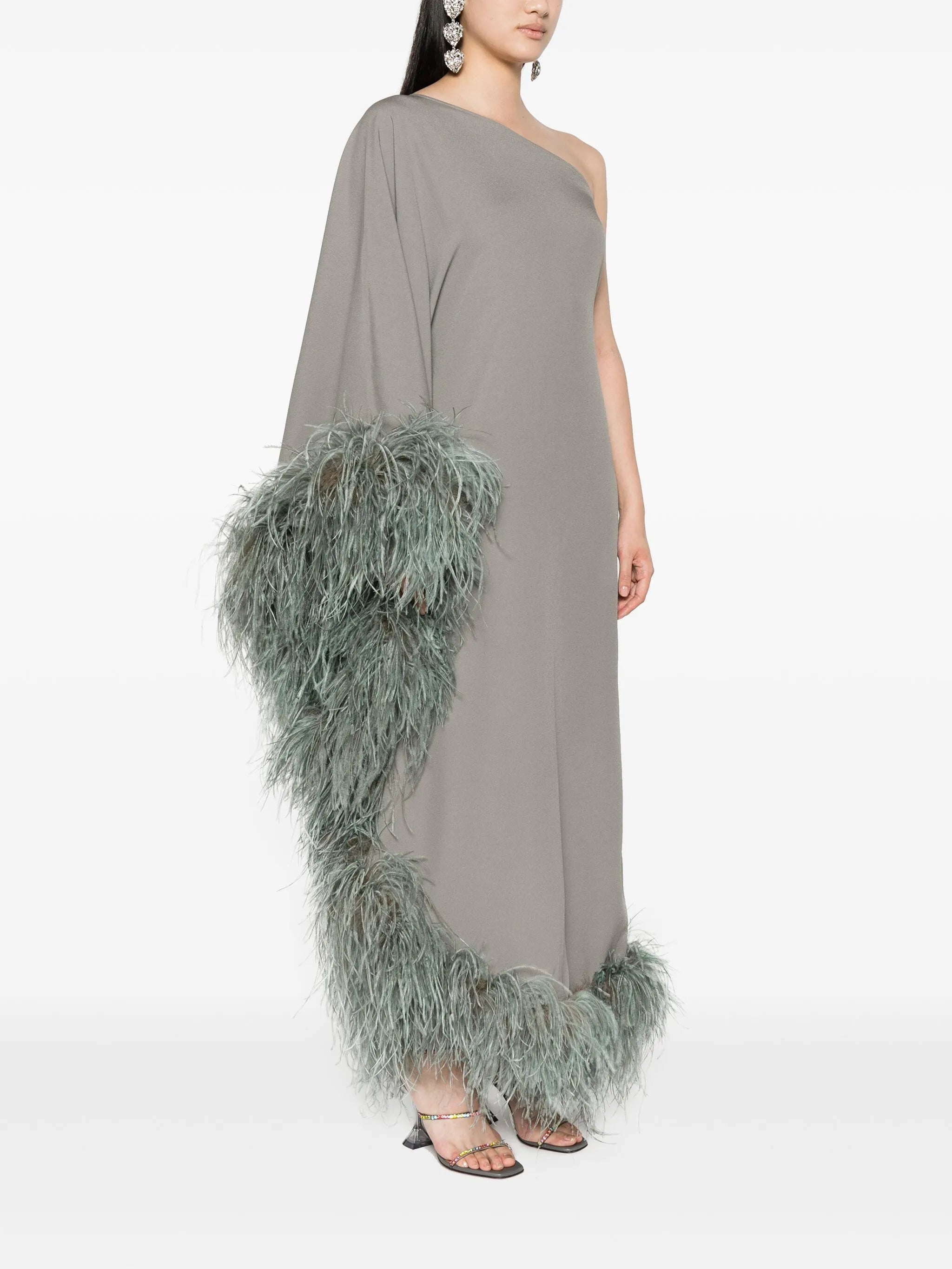 feather-trim one-shoulder dress