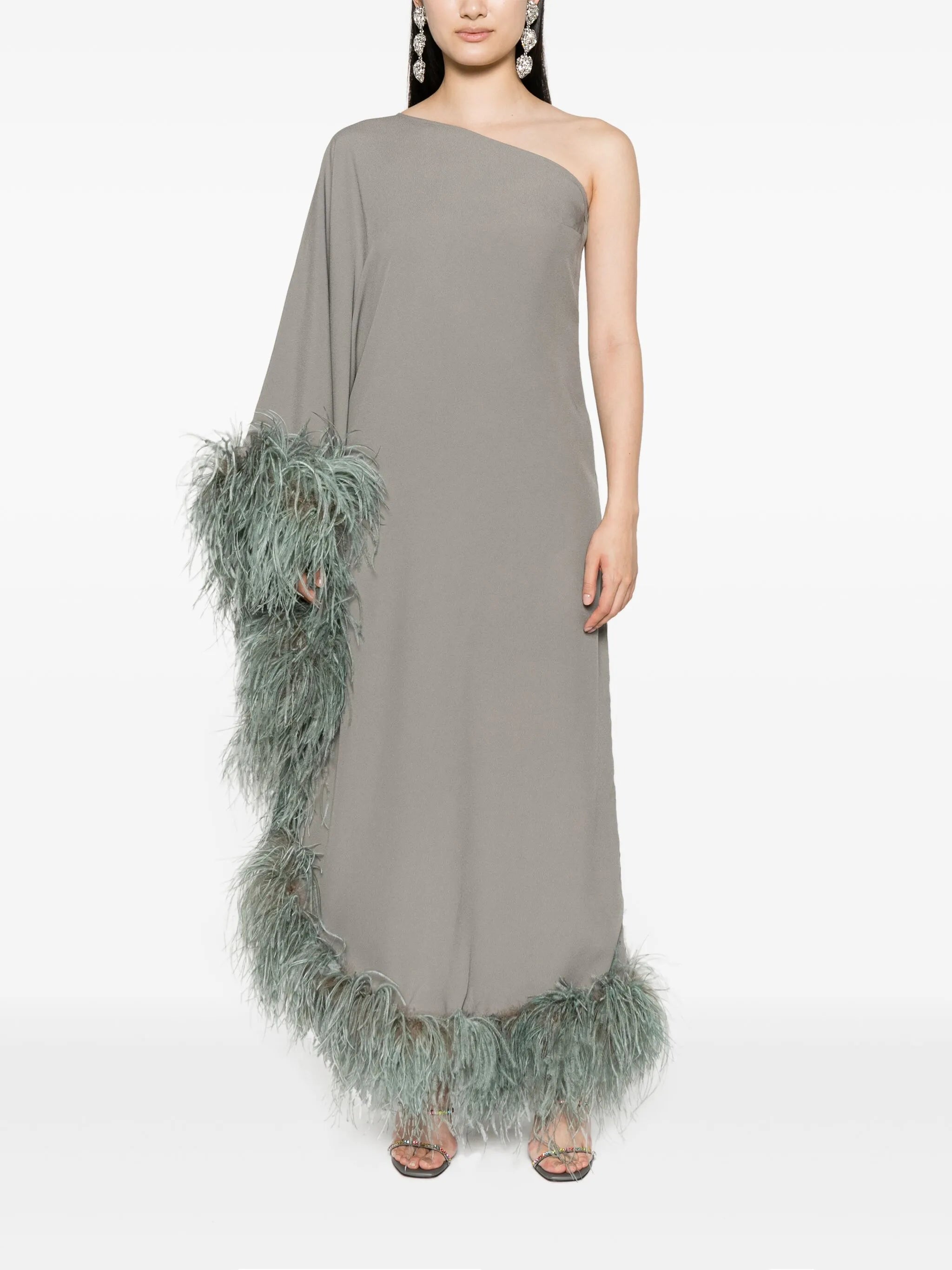 feather-trim one-shoulder dress