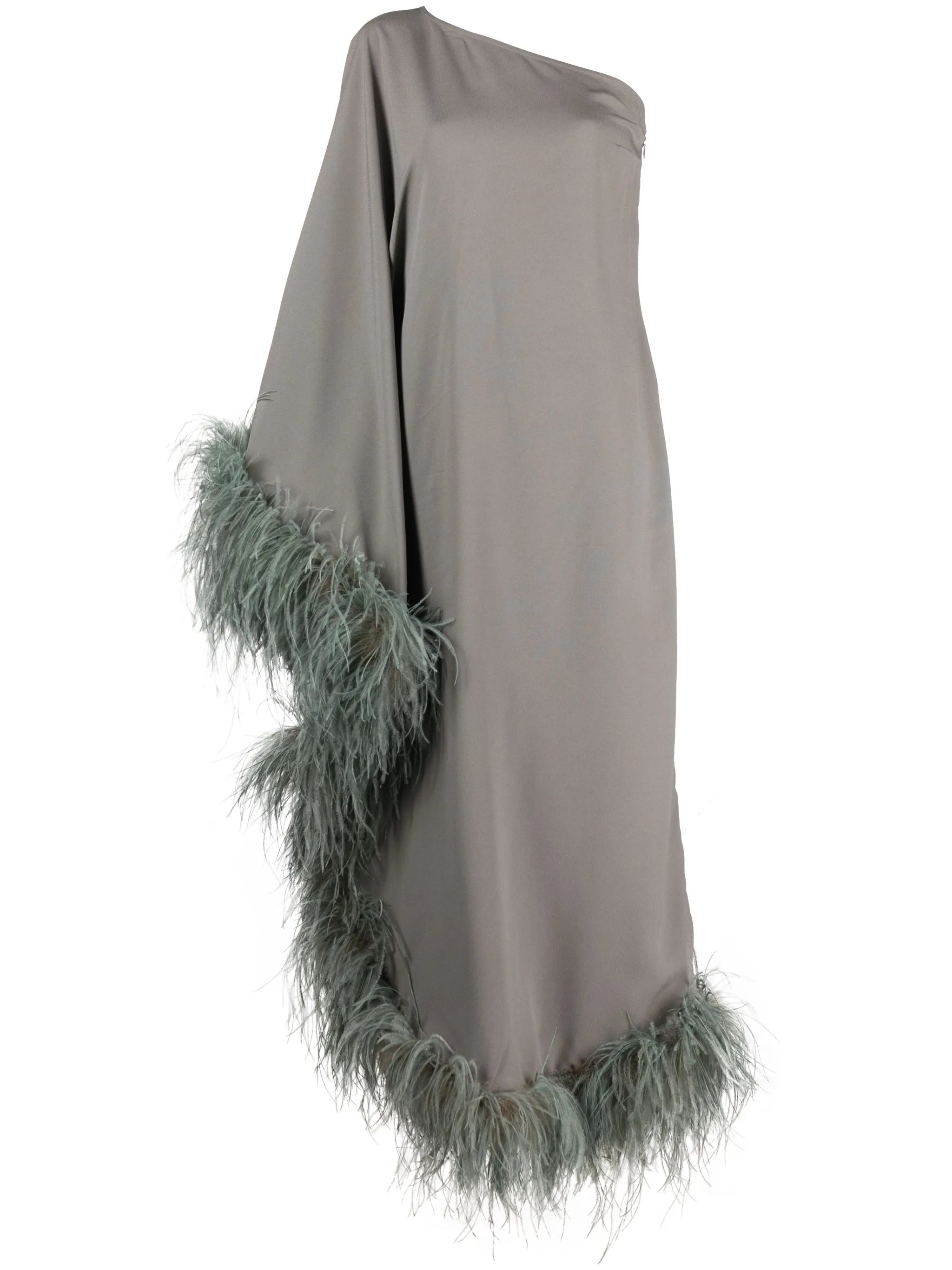 feather-trim one-shoulder dress