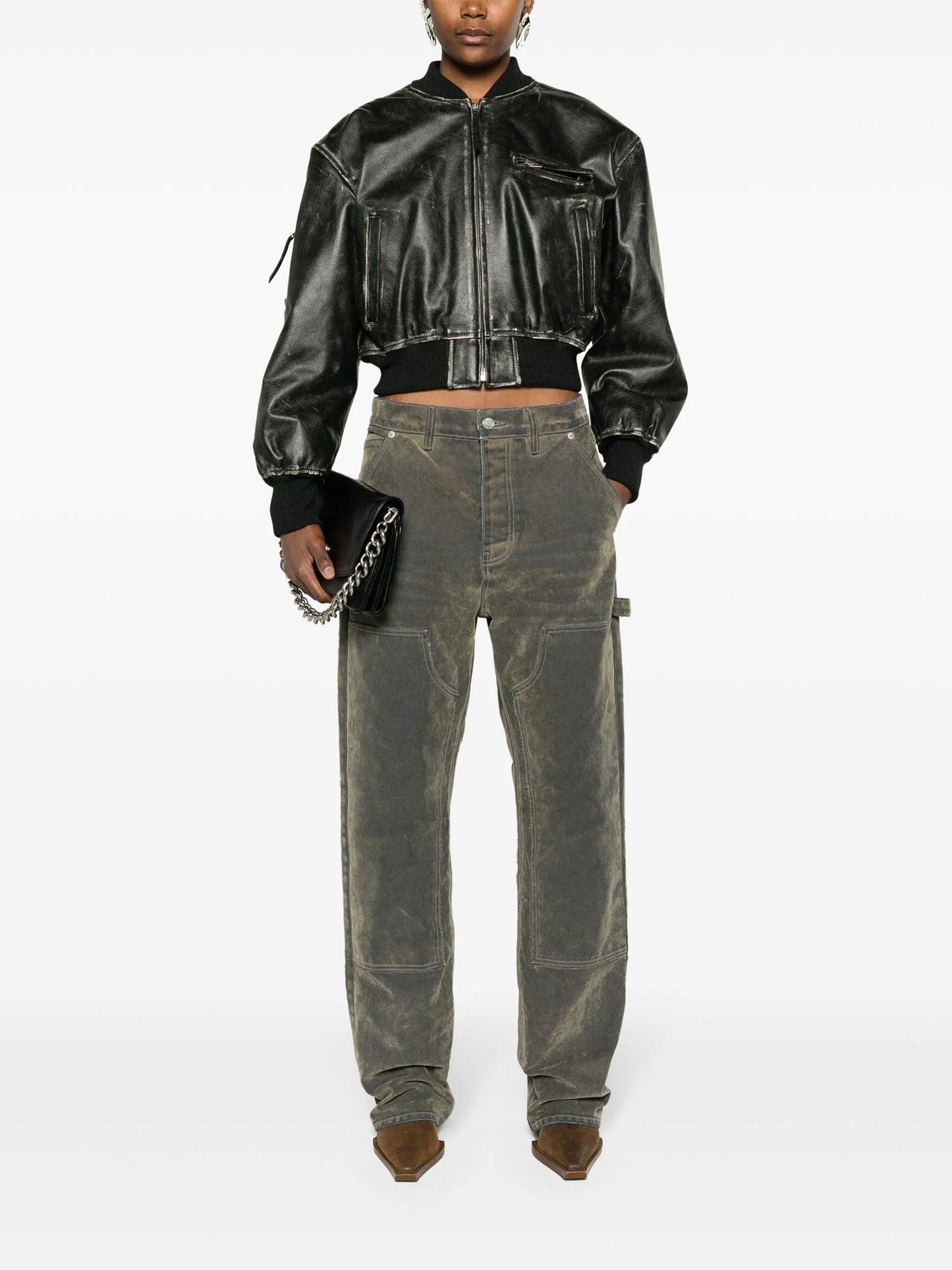 cropped leather bomber jacket
