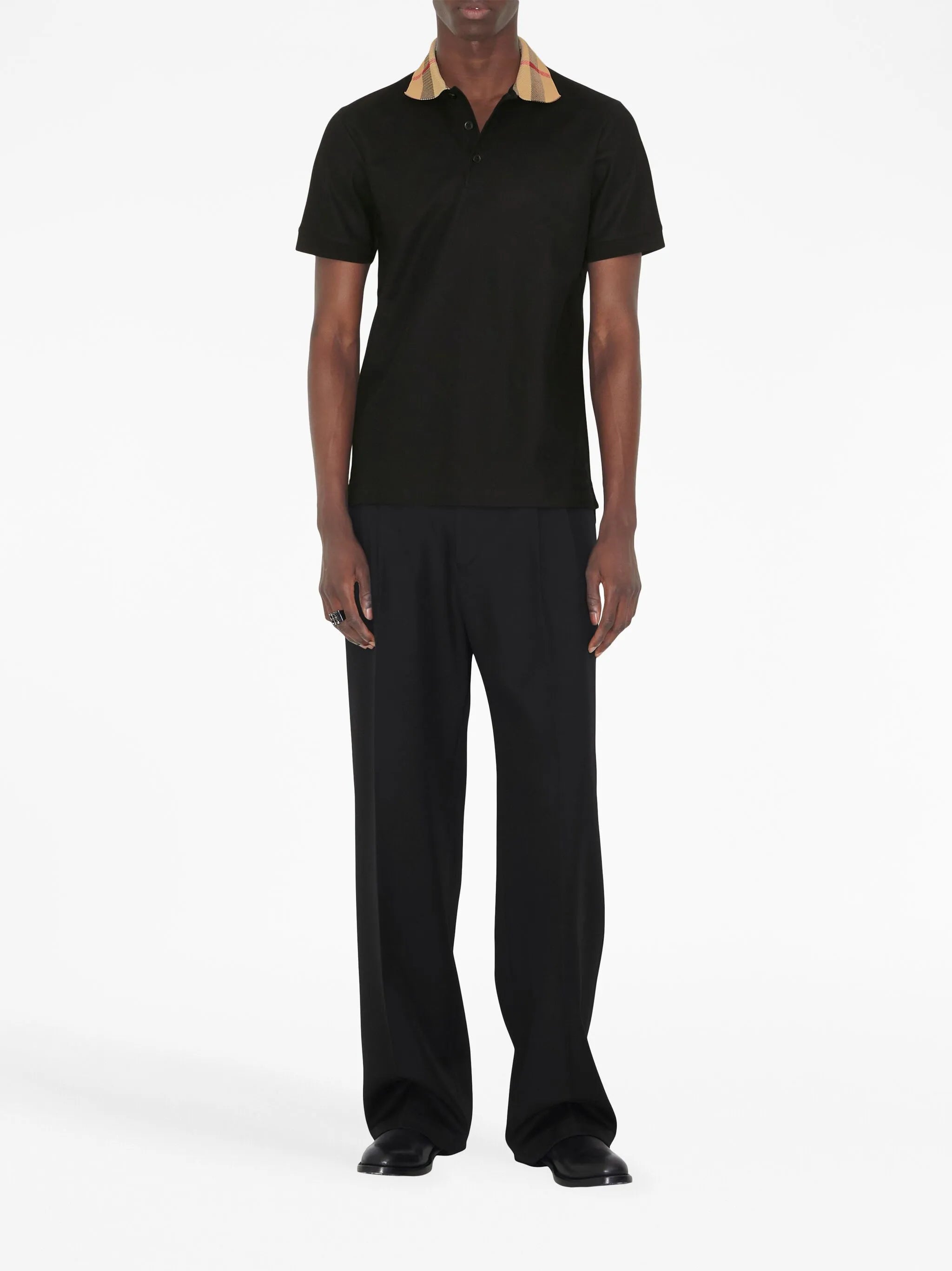 checkered-collar cotton polo shirt