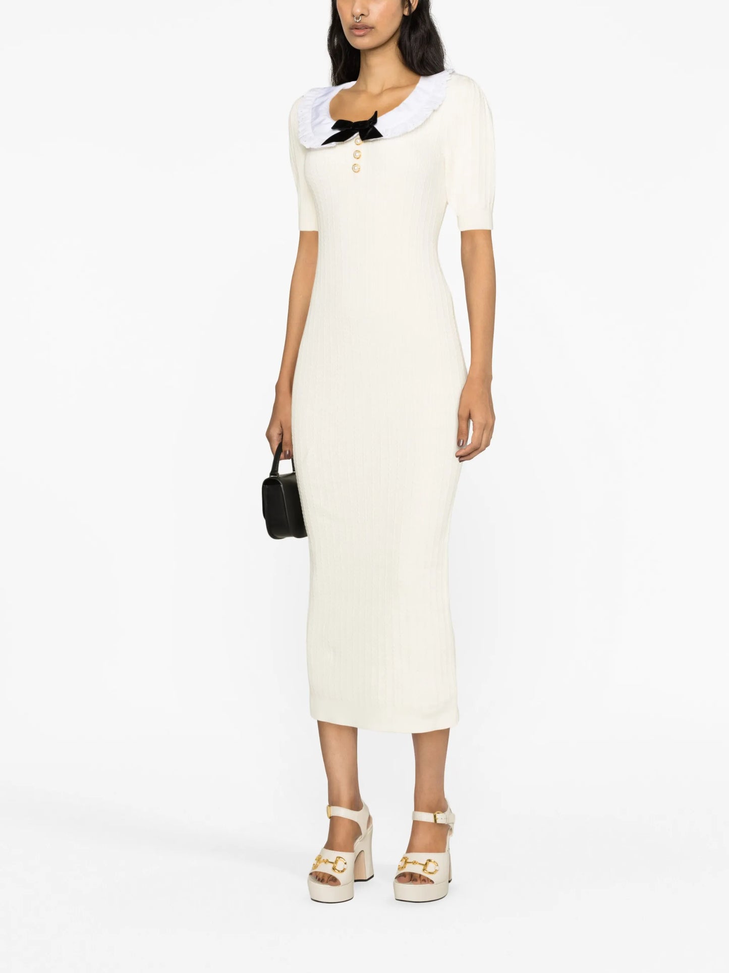 ruffle-collar bow-detail midi dress