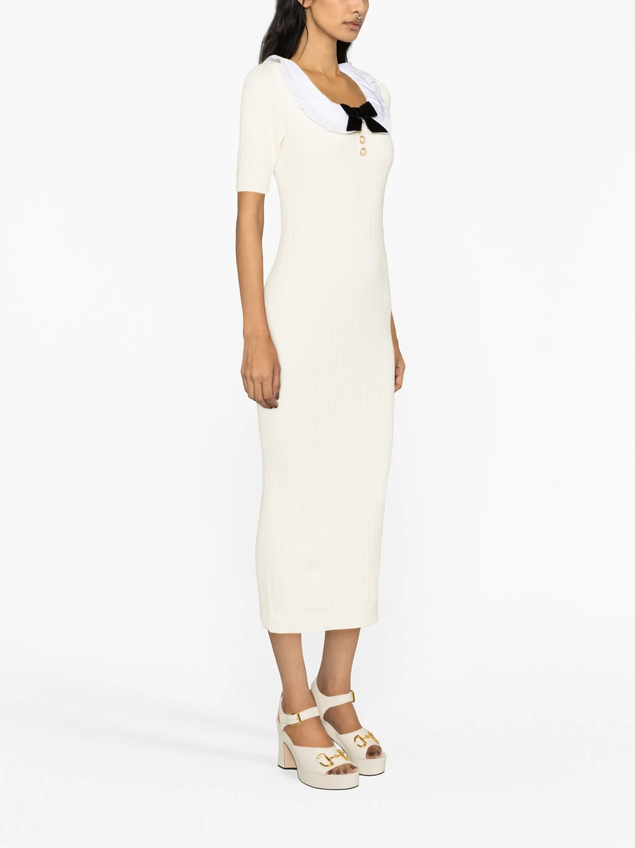 ruffle-collar bow-detail midi dress