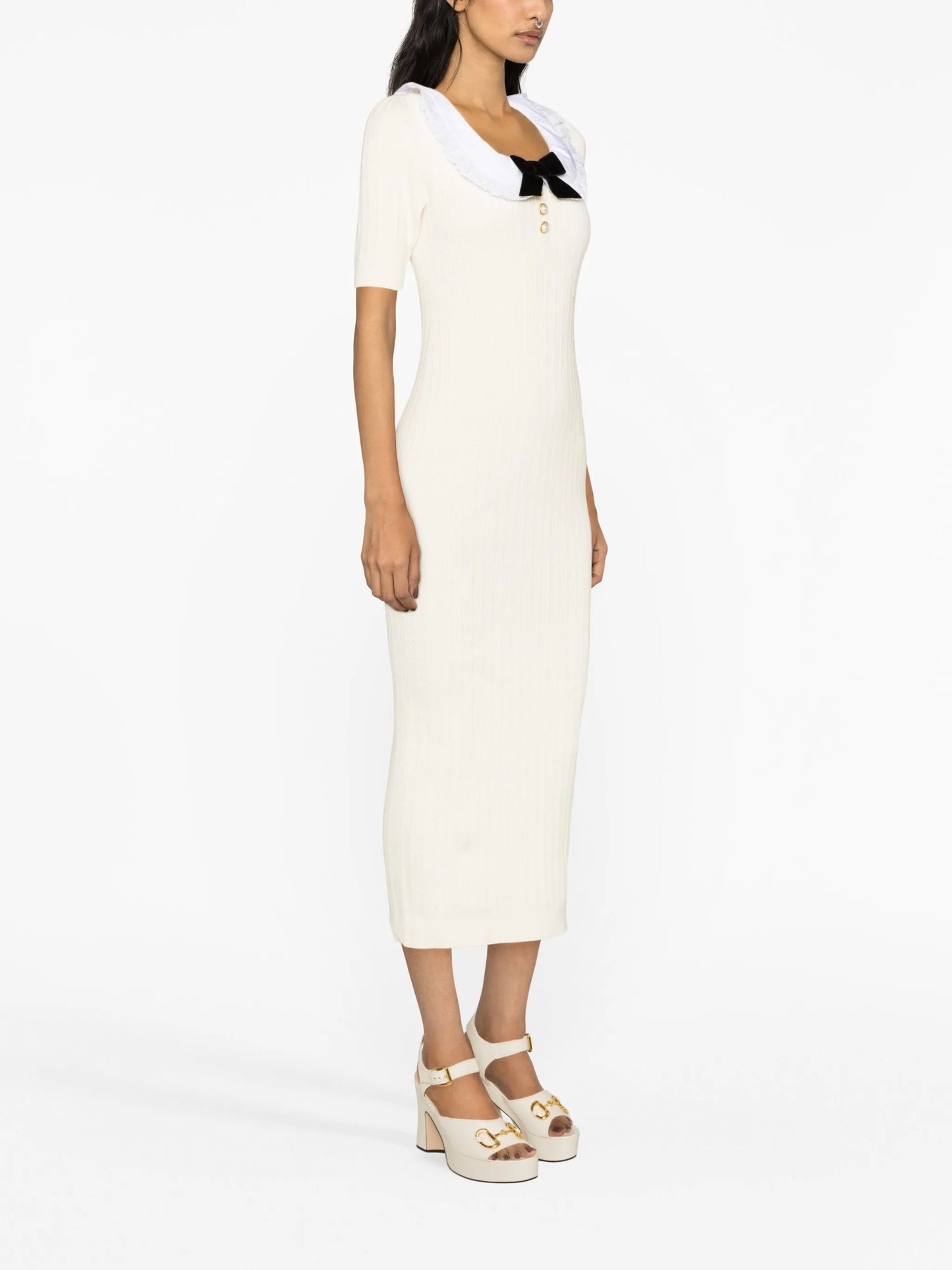 ruffle-collar bow-detail midi dress