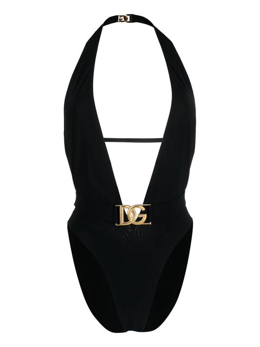 logo-plaque plunge swimsuit