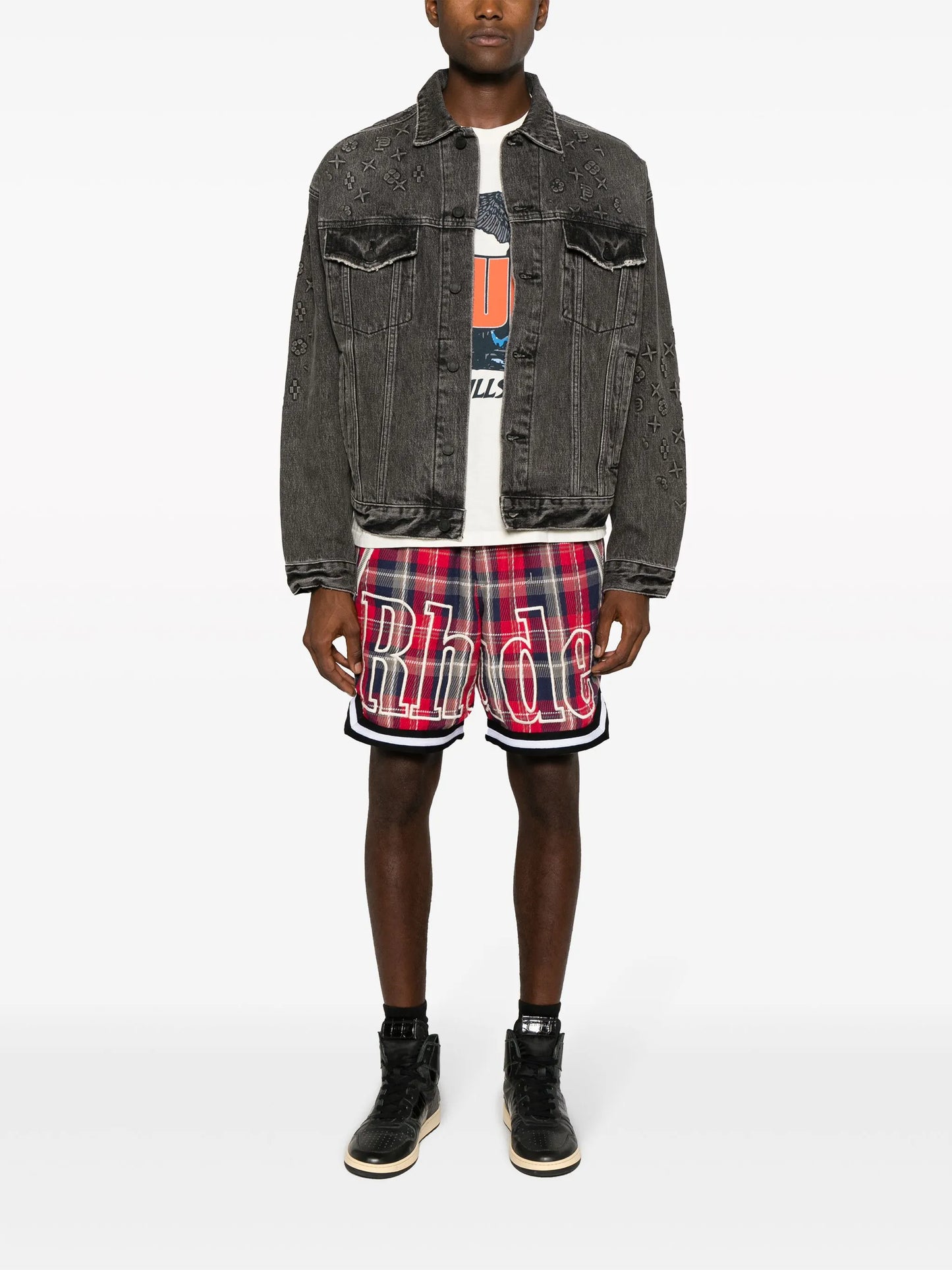 embossed-details denim jacket