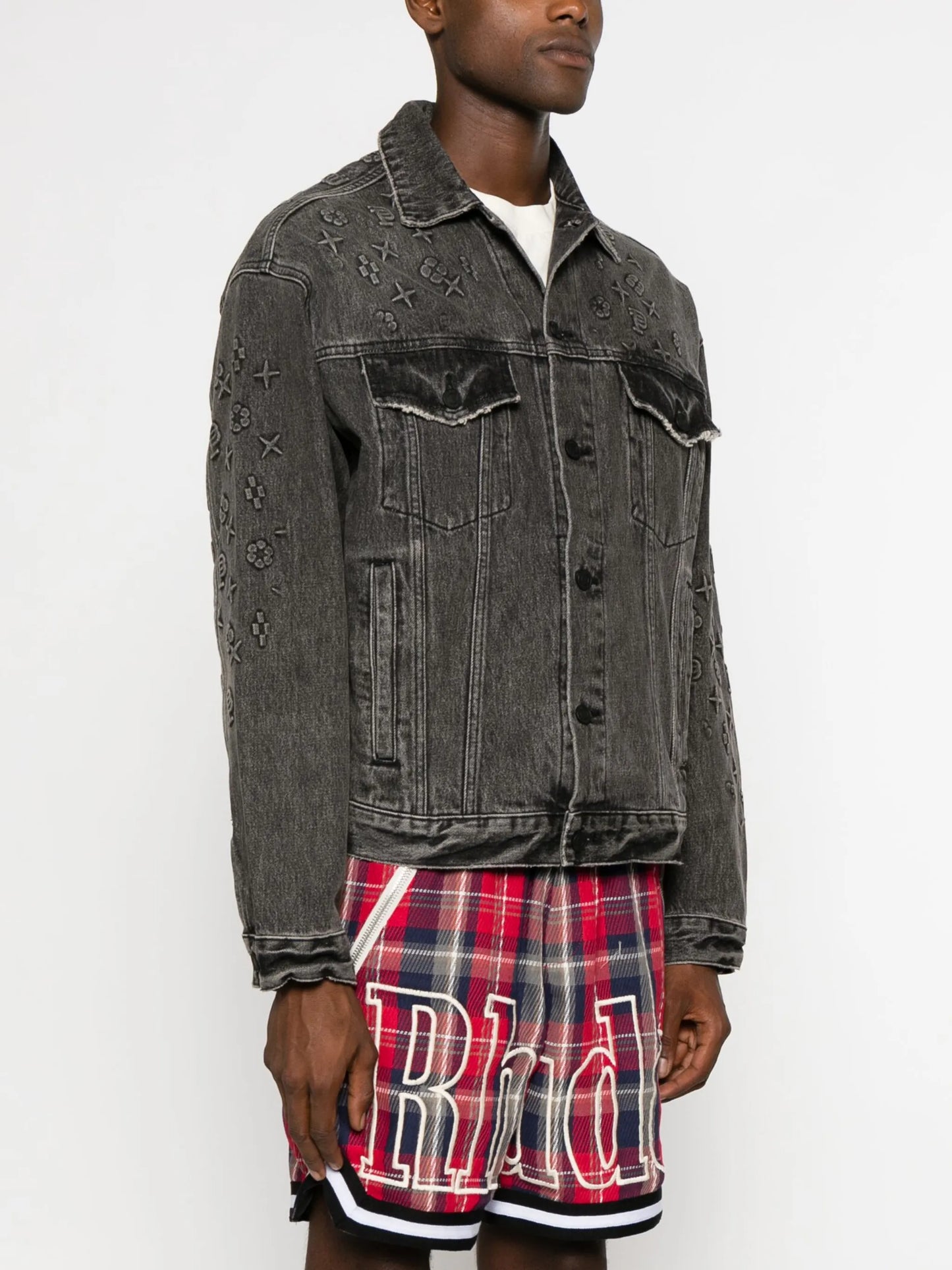 embossed-details denim jacket
