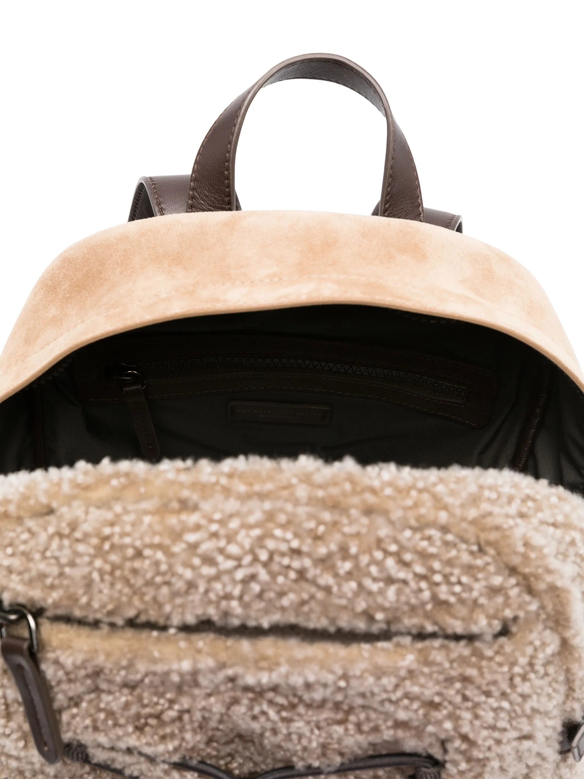 shearling-trim leather backpack
