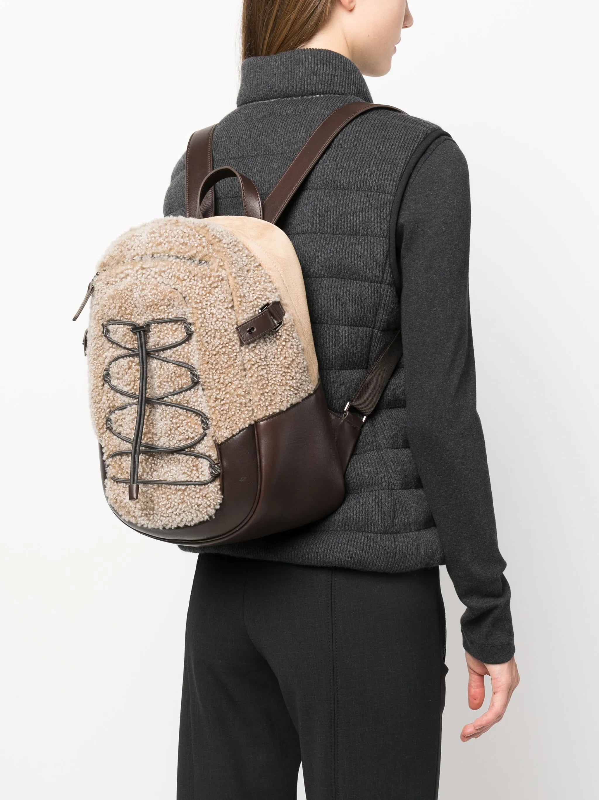 shearling-trim leather backpack
