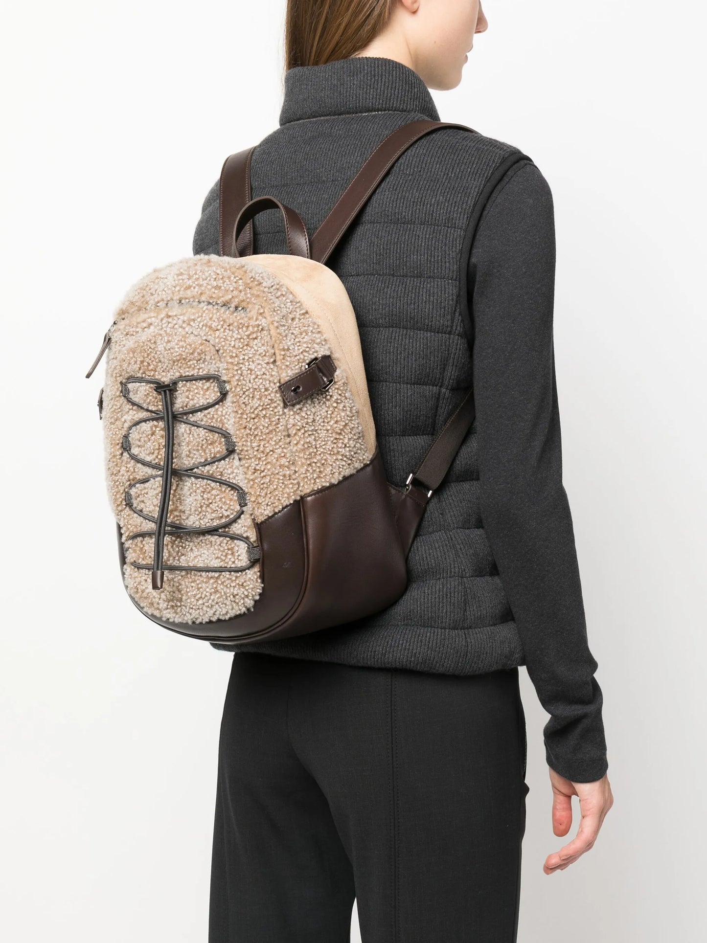 shearling-trim leather backpack